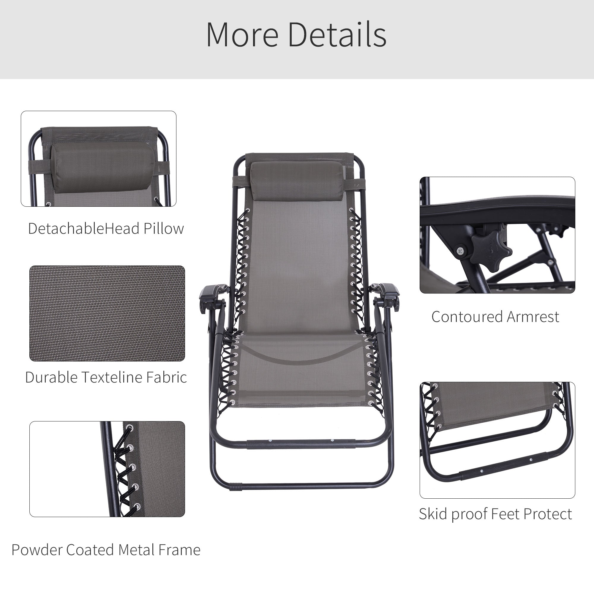 Zero Gravity Chair Set of 2, Metal Frame Texteline Armchair Outdoor Folding and Reclining Sun Lounger with Head Pillow for Patio Decking Gardens Camping, Grey