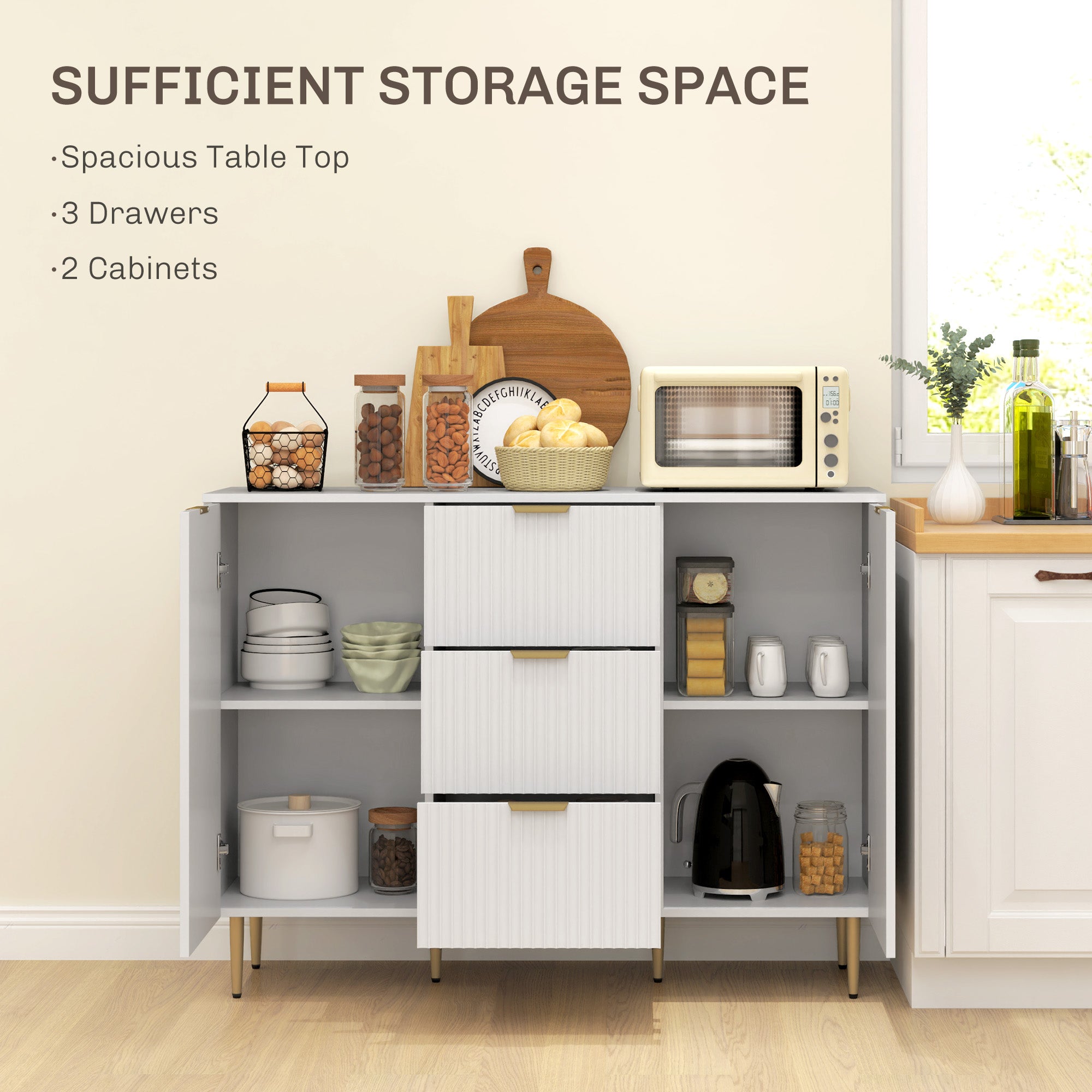 Sideboard Buffet Cabinet, Modern Kitchen Storage Cabinet with 3 Drawers and Adjustable Shelves, Living Room Cabinet with Metal Legs for Hallway, White