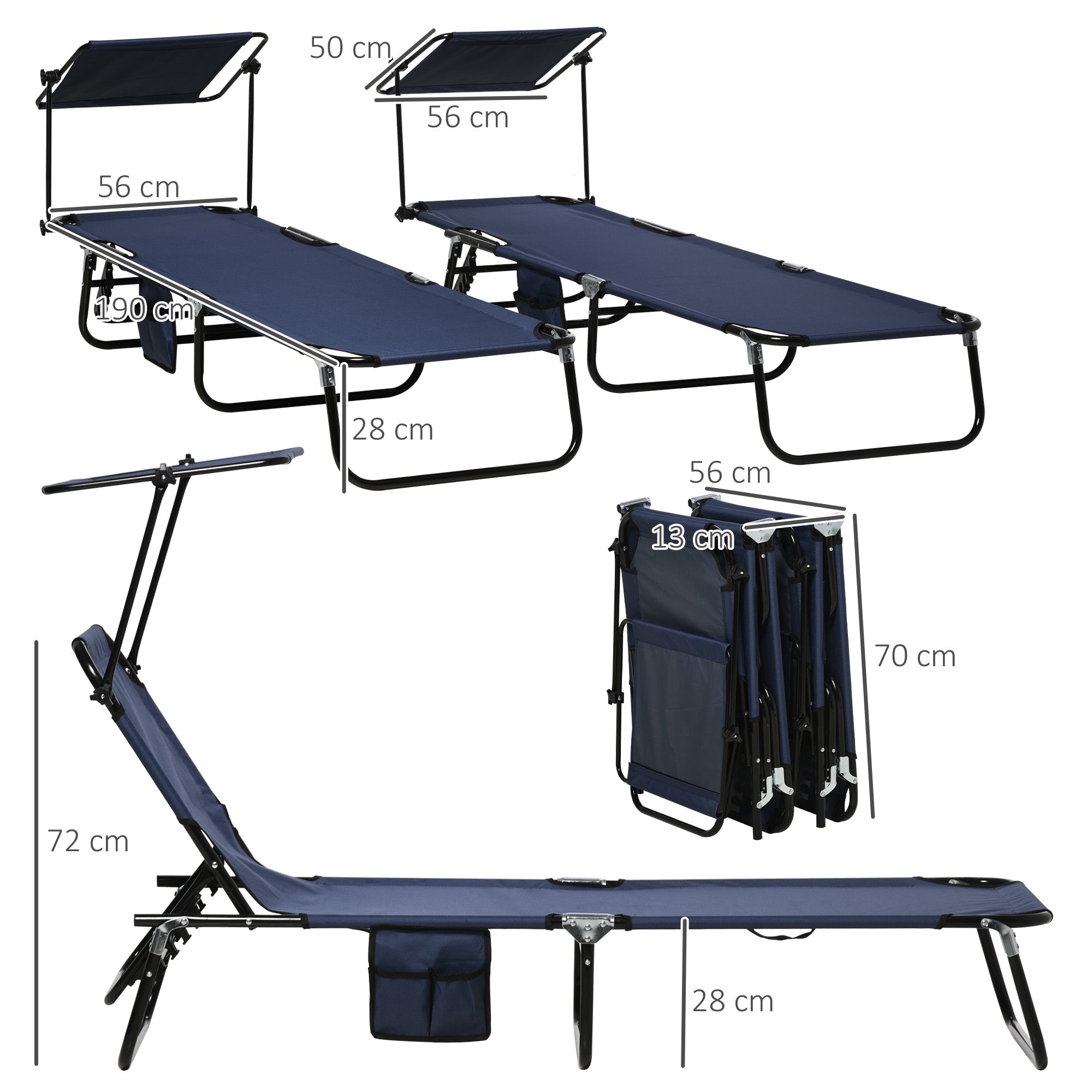 Set of Two Folding Sun Loungers, with Adjustable Backs and Sun Canopies - Dark Blue