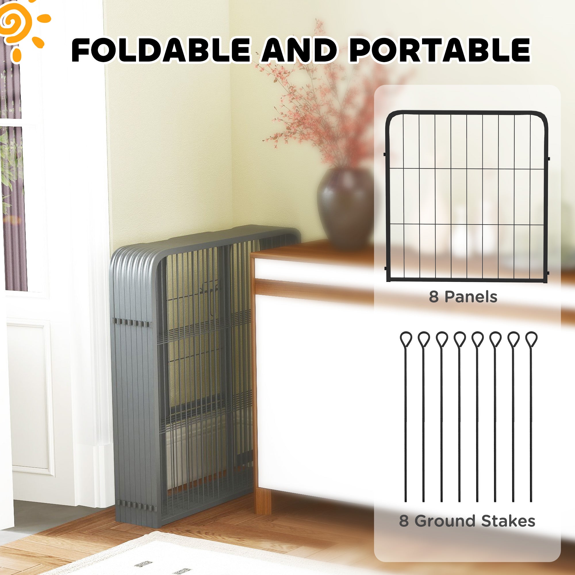 8 Panel Heavy Duty Dog Playpen with Door 60cm High for Small Dogs - Black