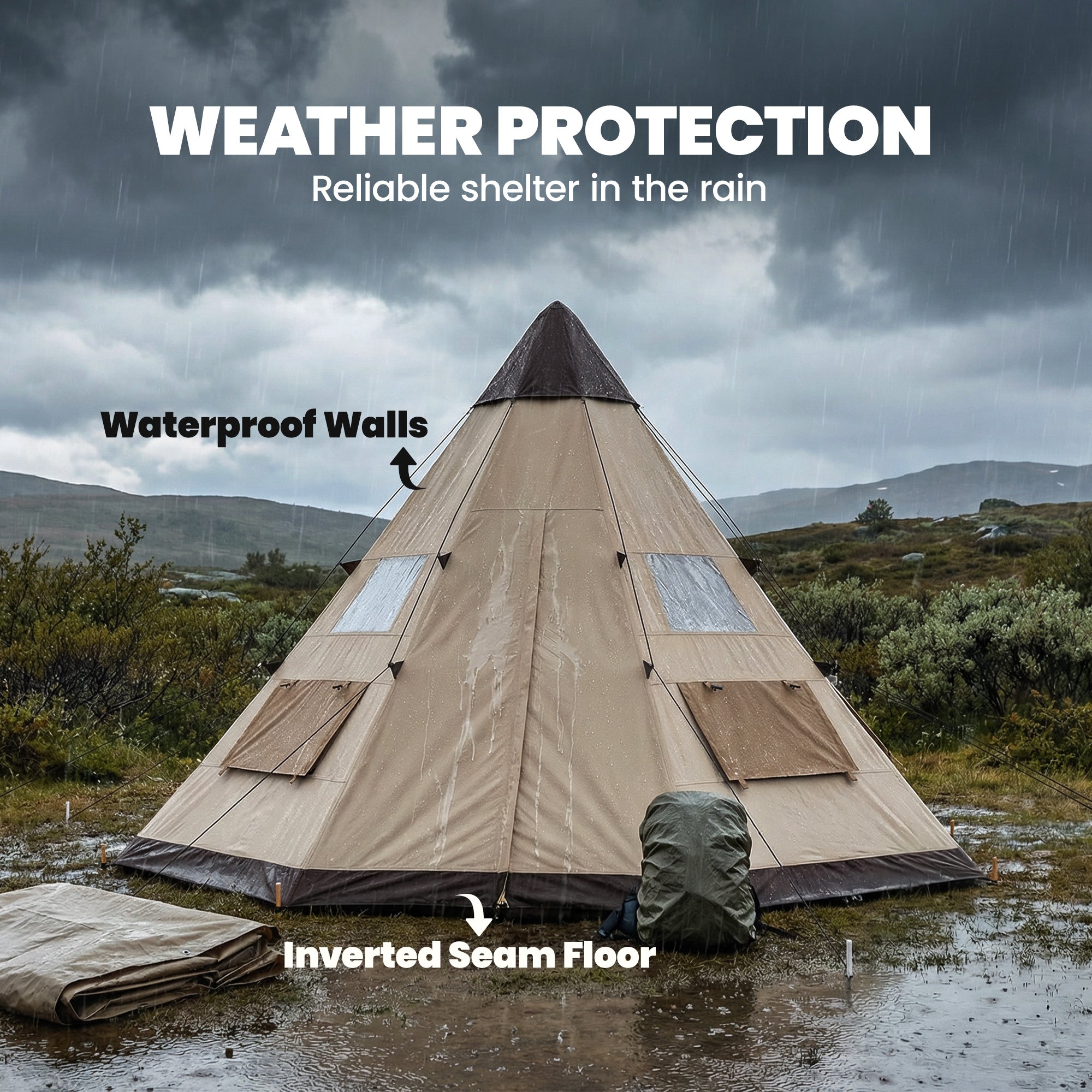 6 Men Tipi Tent with Carry Bag - Khaki