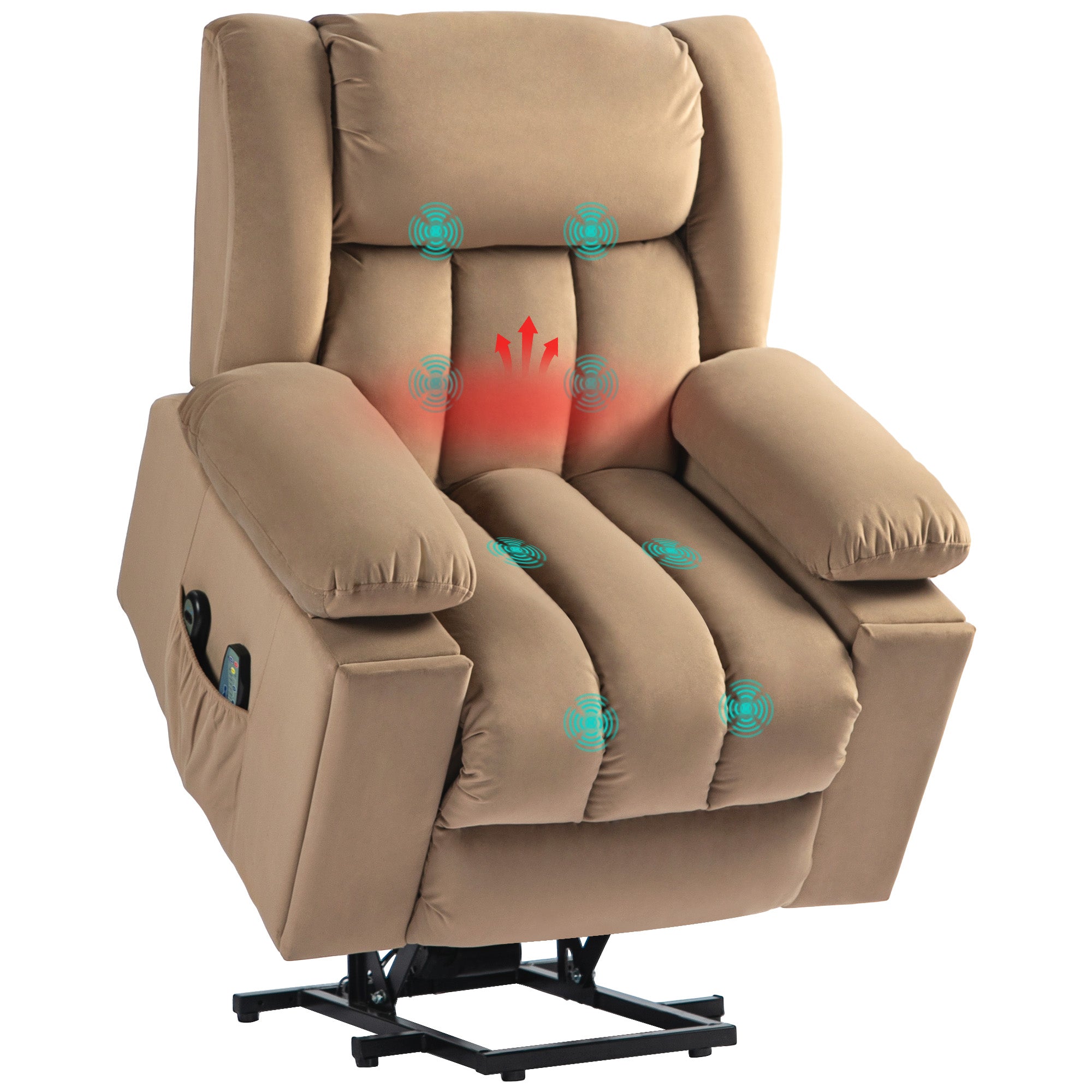 Power Lift Recliner Chair with Vibration Massage and Heat, Electric Lift Chair for Elderly, Overstuffed Fabric Riser and Reclining Armchair with USB Ports, Cup Holders, Light Brown