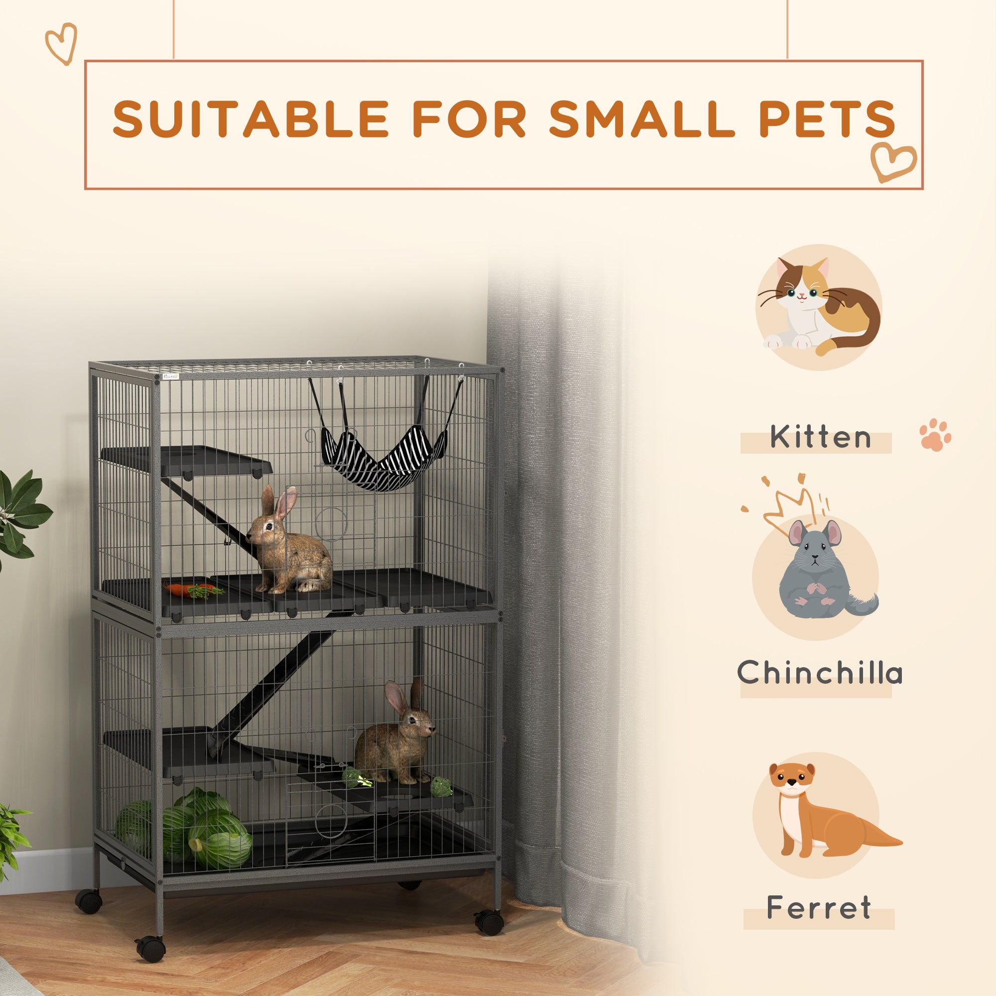 Small Animal Cage for Chinchilla Ferret Kitten on Wheels with Hammock Removable Tray, Grey