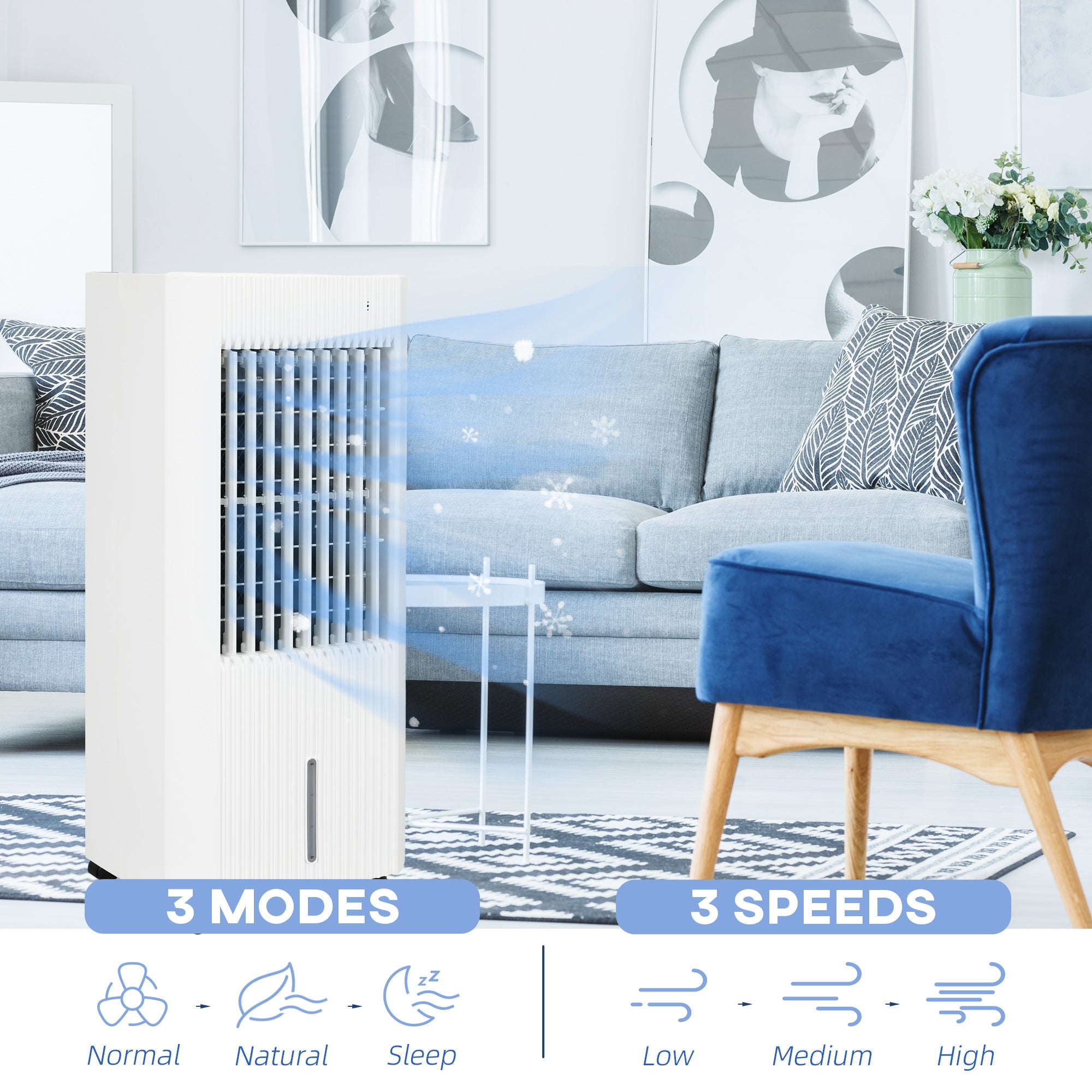 Portable 3-in-1 Air Cooler with 5 Litre Capacity, Oscillation, LED Display, Remote, 15 Hour Timer, Evaporative Air Cooler Fan with 3 Speeds, 3 Modes, Ice Packs, for Home Office