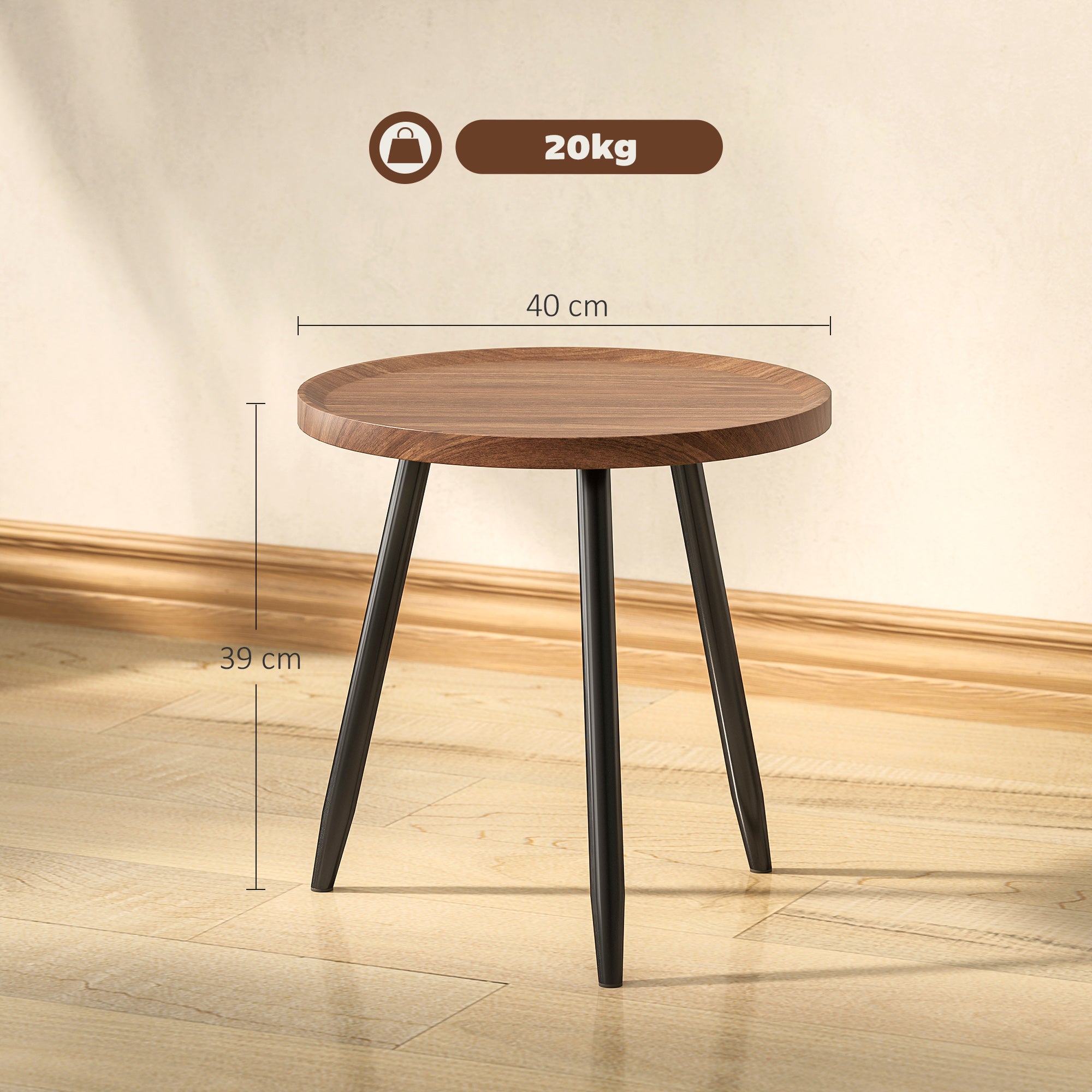 Modern Round Coffee Table with Steel Frame for Small Space, Sofa Beside, Living Room, Chestnut Wood Effect