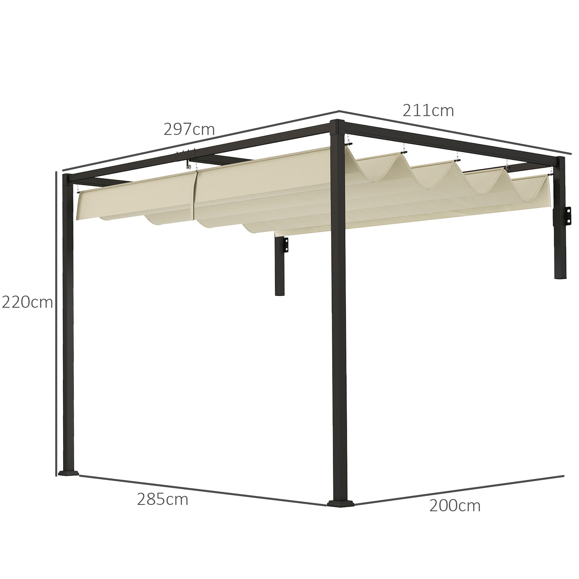 2 x 3(m) Lean To Steel Pergola, with Moving Fabric Canopy - Khaki