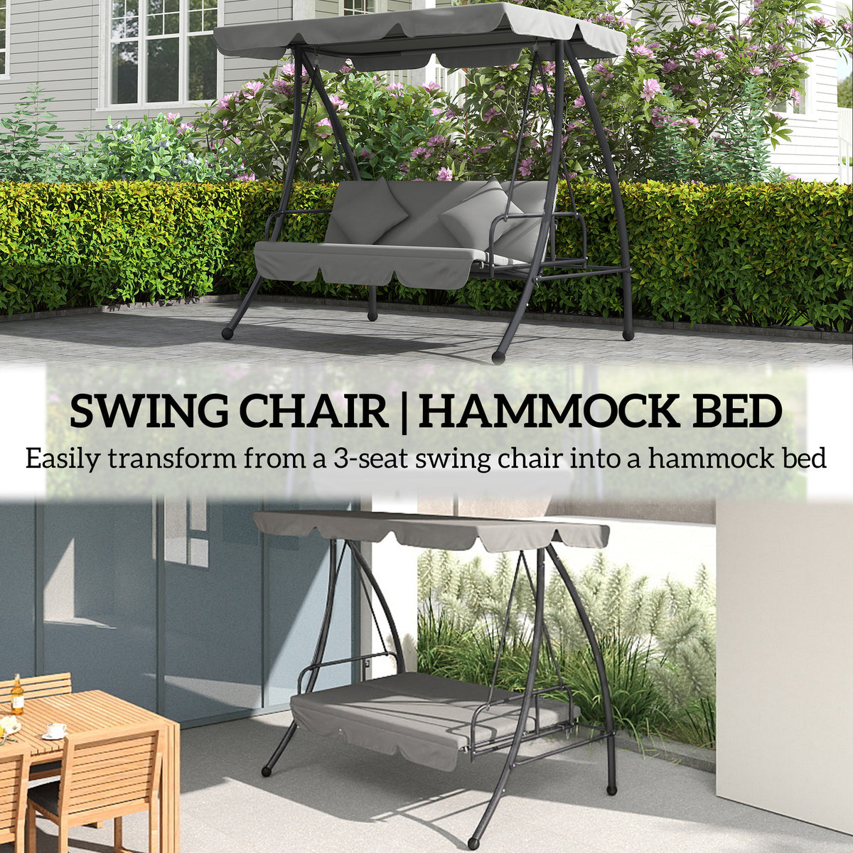 Outdoor 2-in-1 3-Seater Swing Chair Lounger with Convertible Bed and Canopy - Light Grey