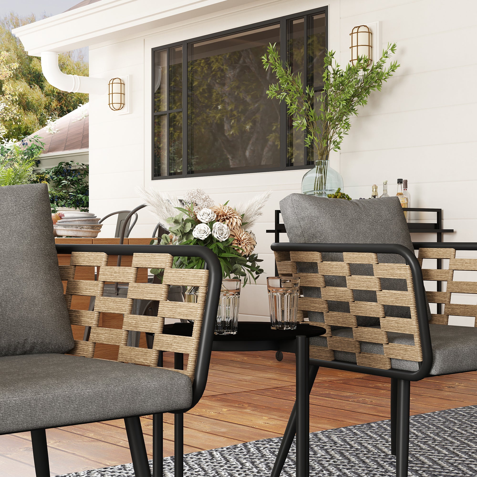 3 Pieces Rattan Bistro Set with Washable Seat and Back Cushions, Glass Top Coffee Table, for Outdoor, Patio, Black