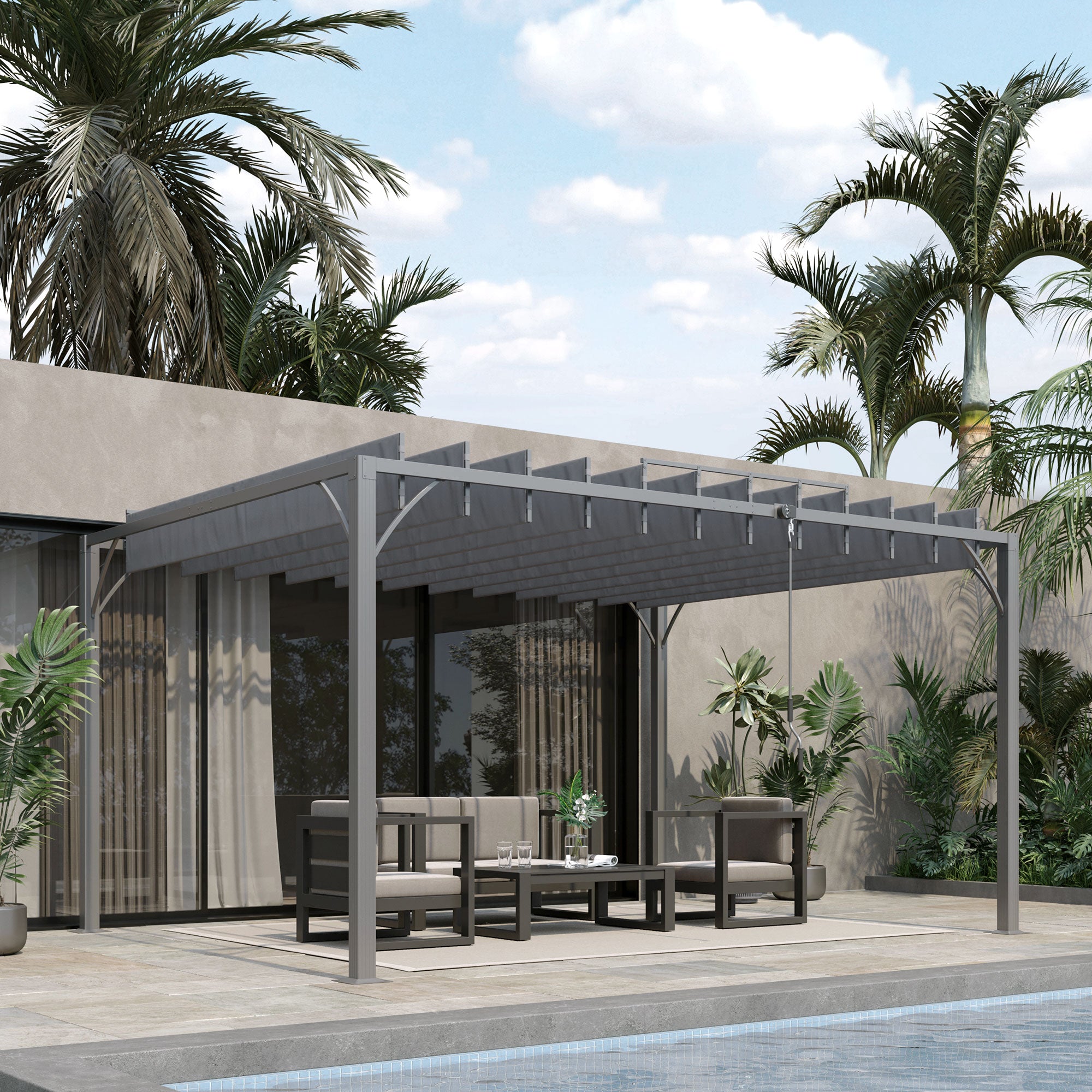 4 x 3(m) Outdoor Pergola with Retractable Roof, Aluminium Louvered Patio Gazebo Canopy for Lawn Garden Patio, Grey