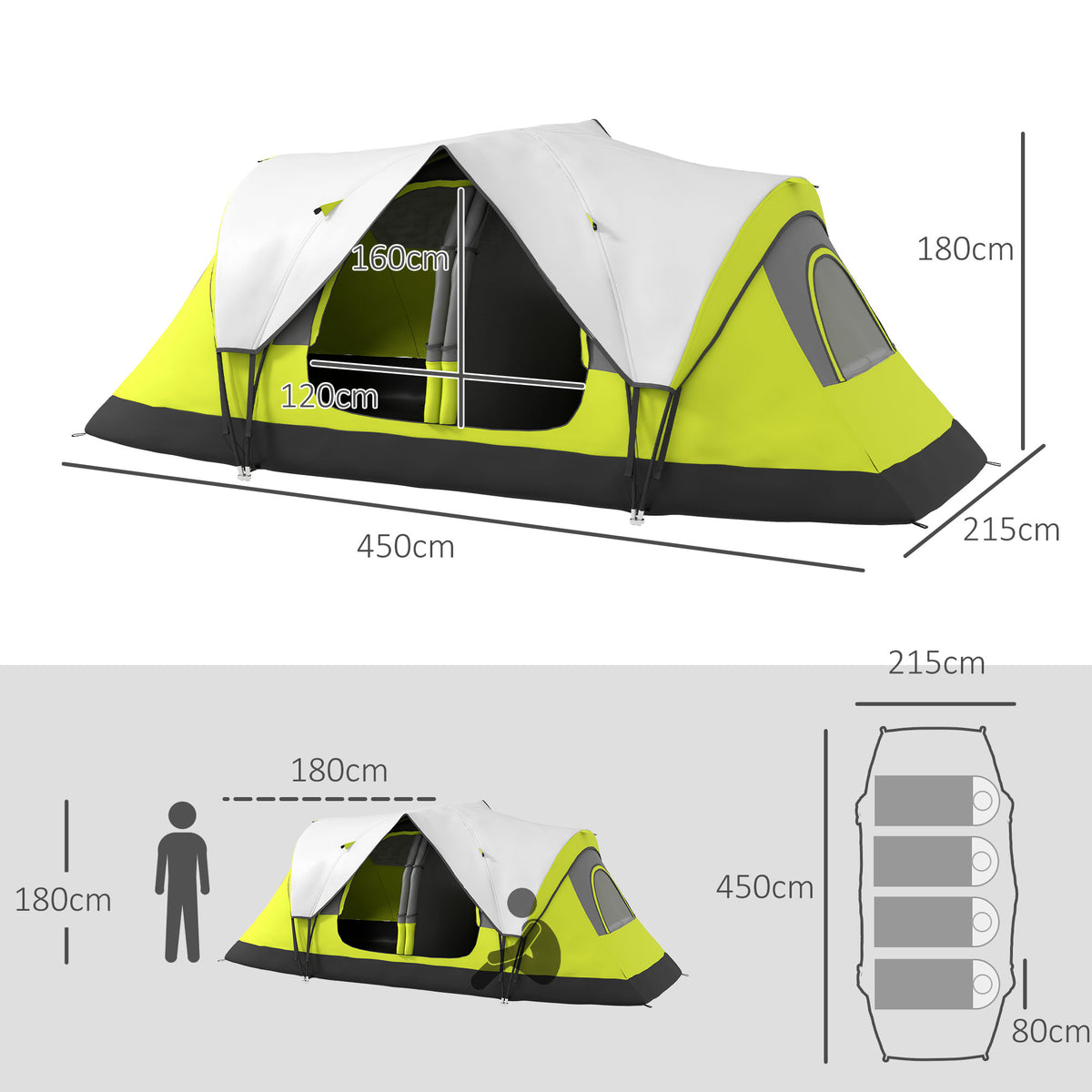 Spacious 2 Bedroom Camping Tent for 6-8 People with Removable Divider - Yellow