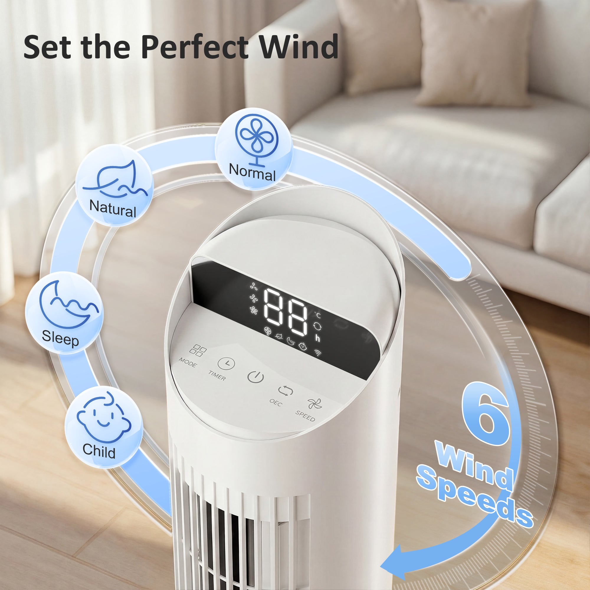 Tower Fan with WiFi App Control Standing Floor Cooling Fan Remote Control 101.8 cm White