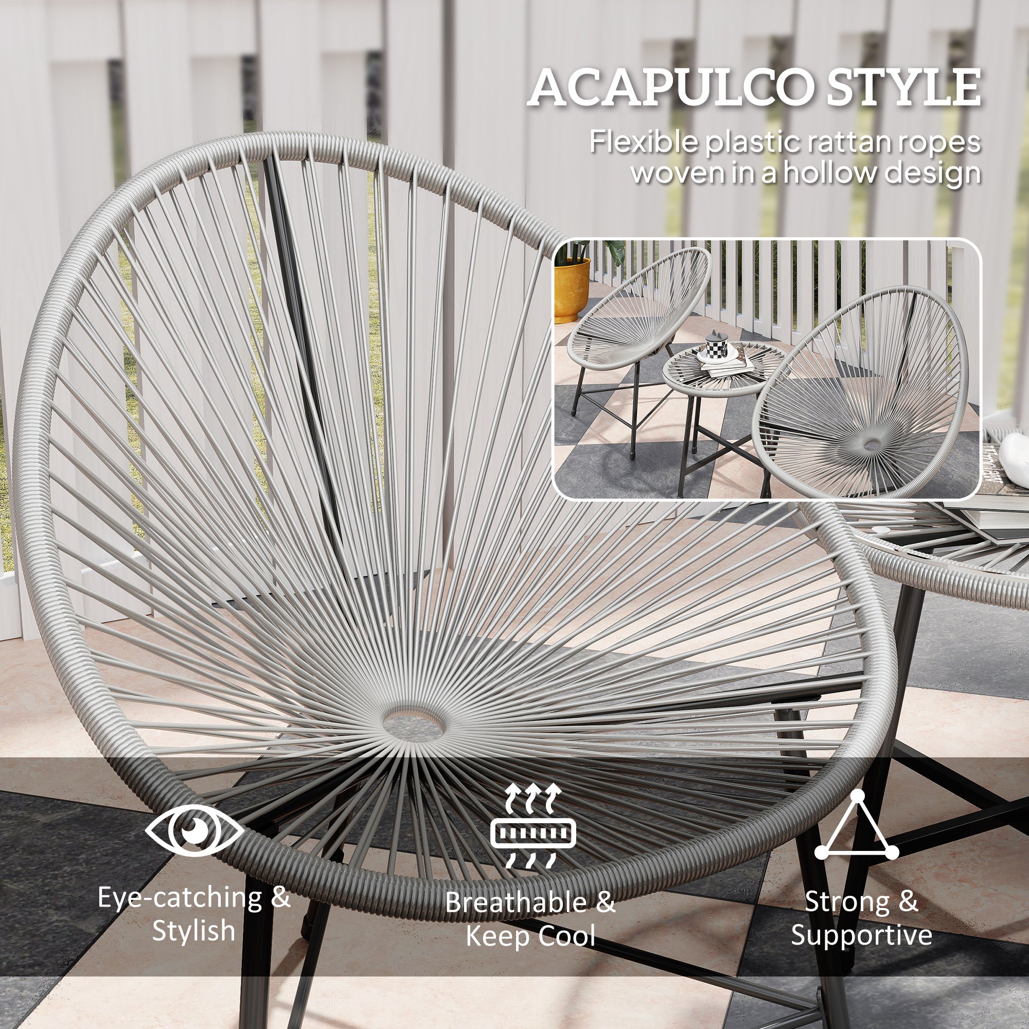 3 Pieces Rattan Bistro Set, Garden Bistro Set with Acapulco Chairs and Glass Top Table, Small Garden Furniture Set with Reinforced Metal Frame for Outdoor, Patio, Balcony, Grey