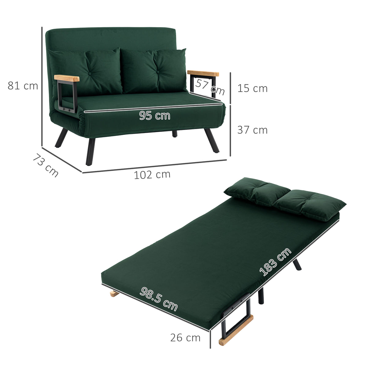 4-in-1 Velvet-Feel Double Sofa Bed with Pillows - Green
