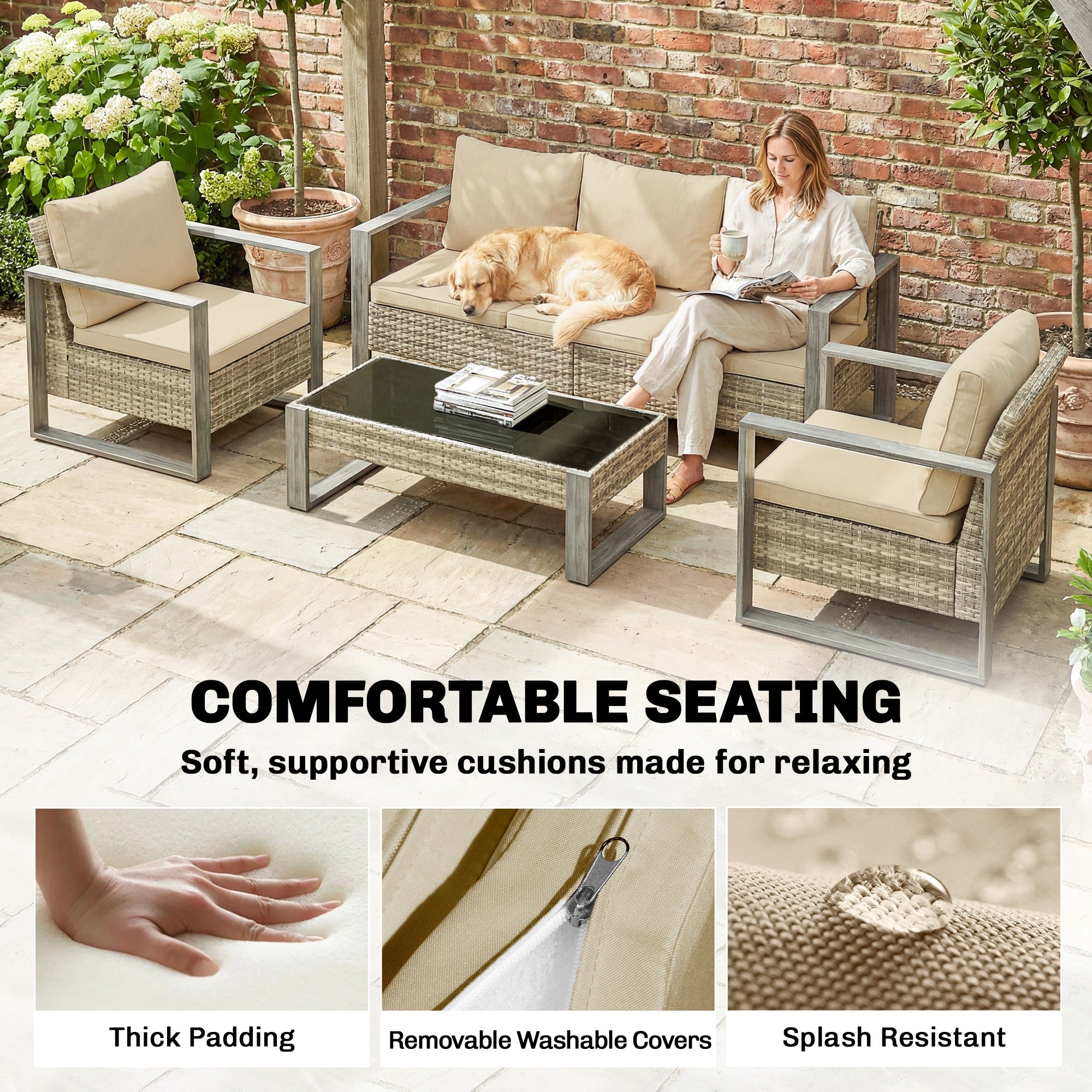 Rattan Garden Set, 4 Piece Rattan Garden Furniture Set with 3-Seater Sofa, Armchairs, Table, Aluminium Frame Patio Furniture, Khaki