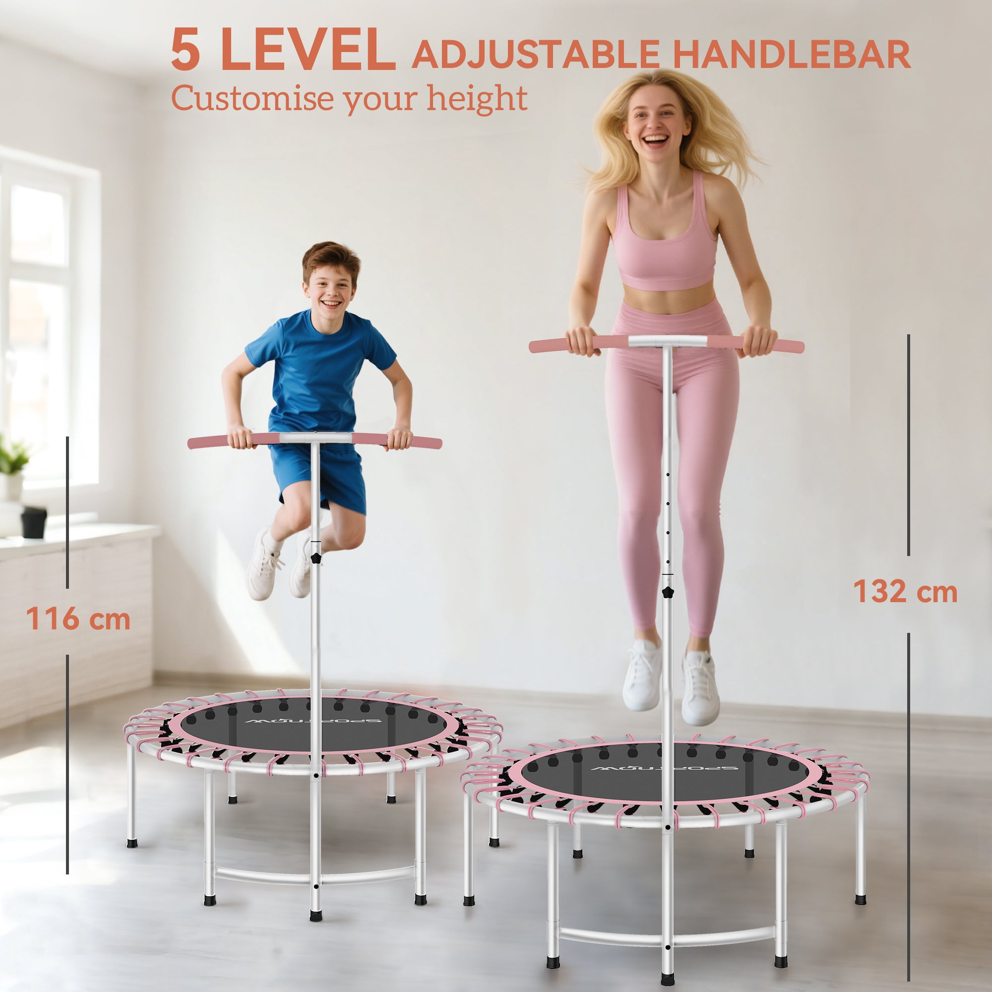 40" Fitness Trampoline, Mini Rebounder Trampoline for Adults with 5-Level Adjustable Handle, Indoor Exercise Bungee Rebounder, Max Load 100KG, Pink