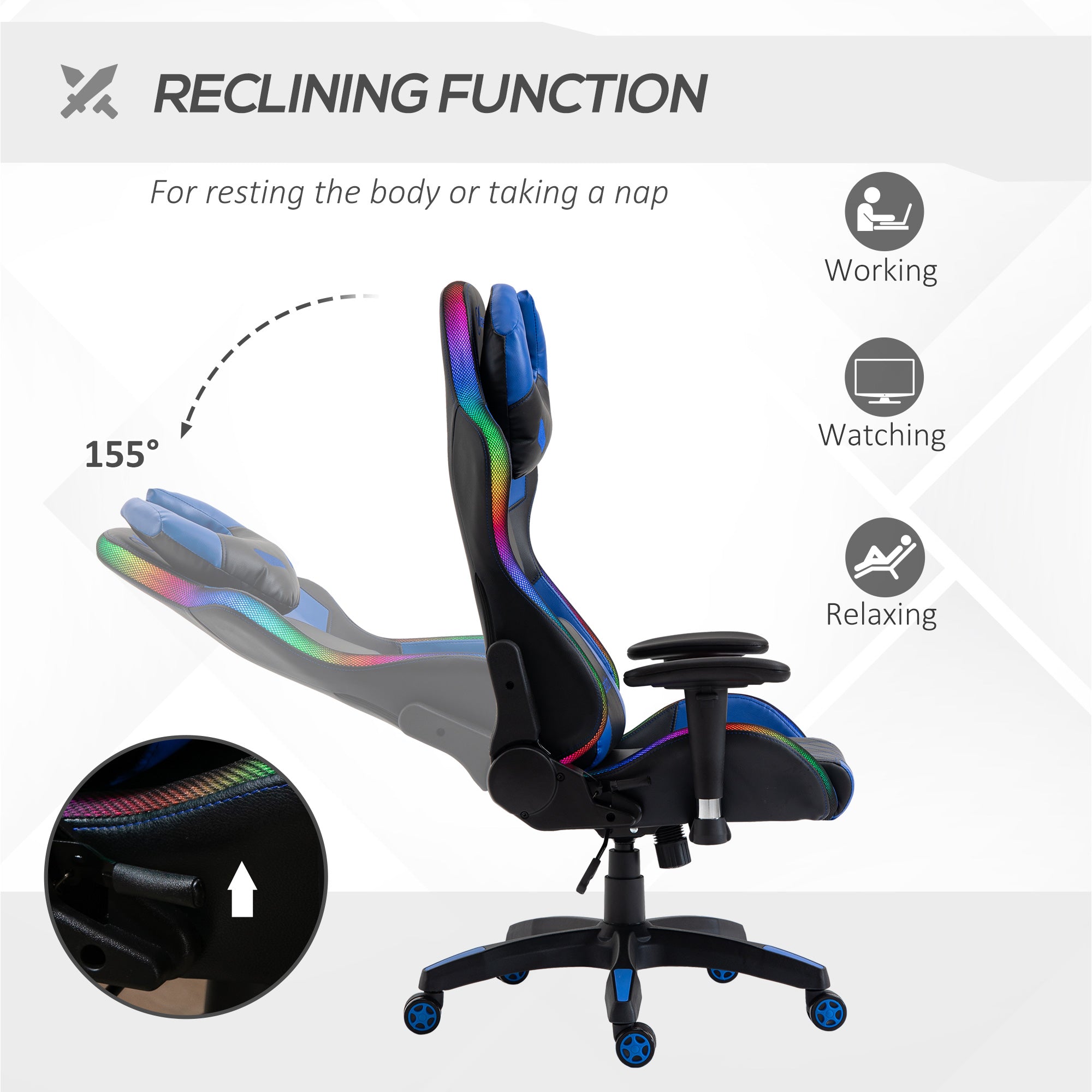 Racing Gaming Chair with RGB LED Light, Lumbar Support, Swivel Home Office Computer Recliner High Back Gamer Desk Chair, Black Blue