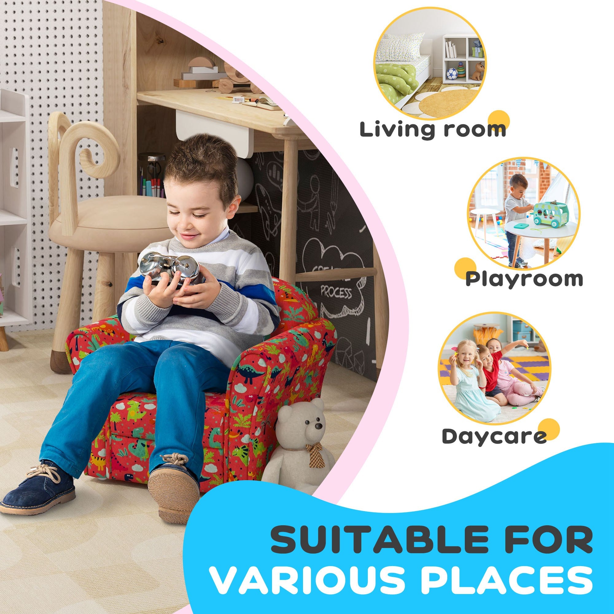 Kids Dinosaur Armchair with Wooden Frame for Toddlers 18-36 Months - Red