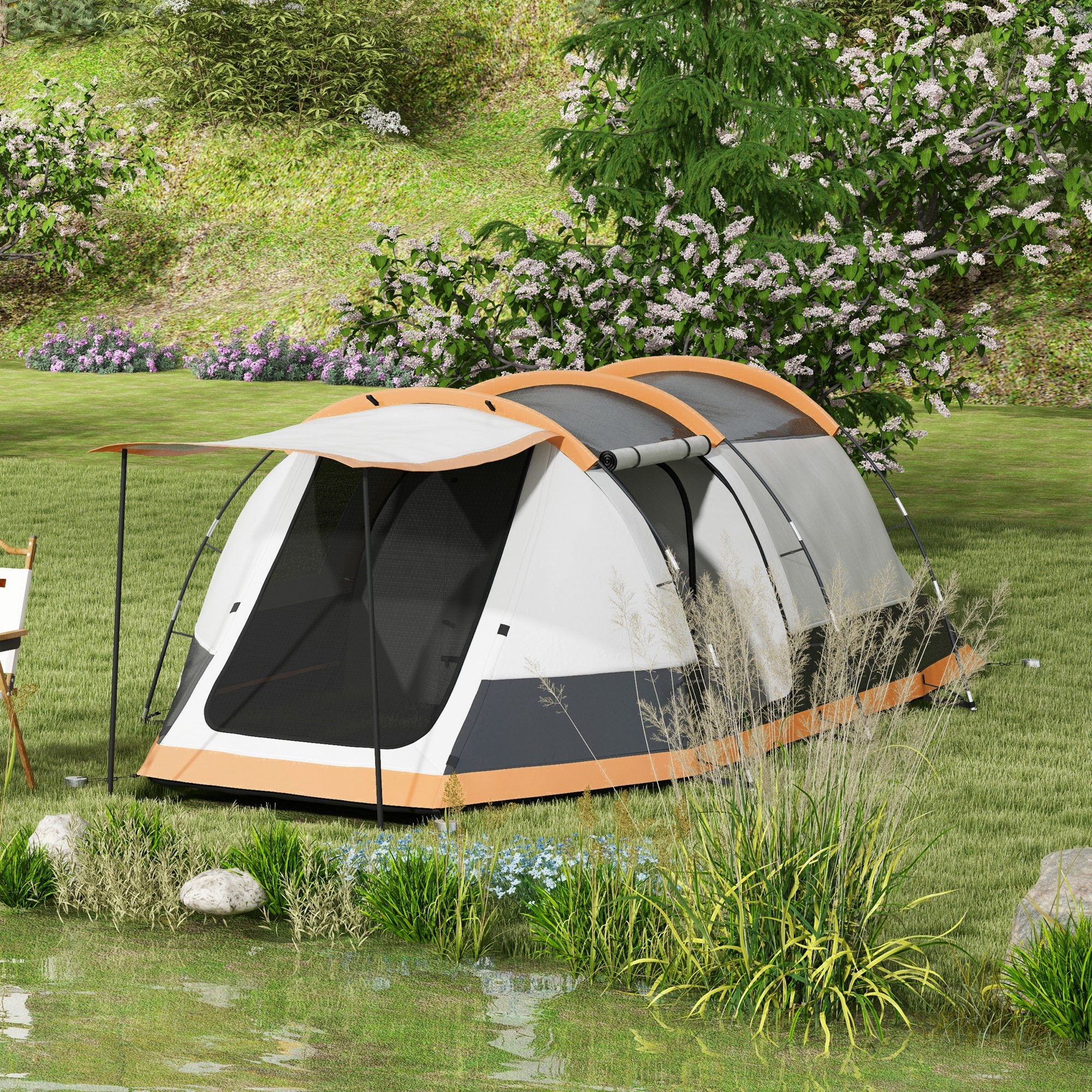 Three-Man Camping Tent, with Two Rooms and Porch - Orange