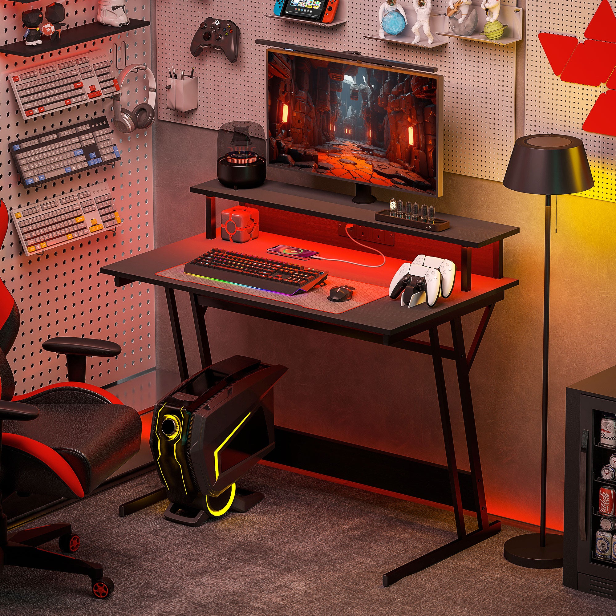 Gaming Desk with LED Lights and Power Outlets, 100 x 60cm Z Shaped Computer Desk with Monitor Stand and Steel Frame, PC Gaming Table for Home Office, Black