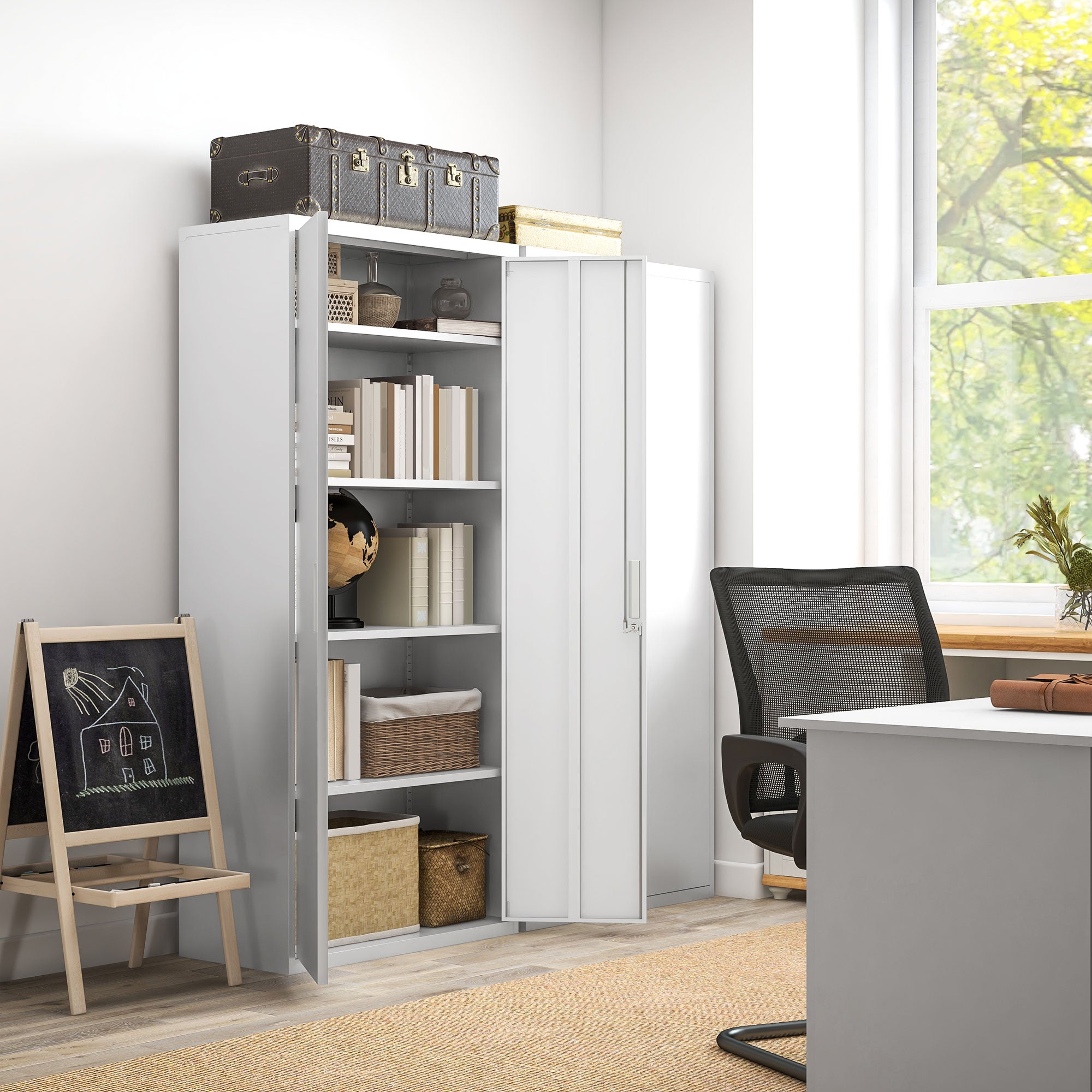 Five Shelf Lockable Steel Office Cabinet - White