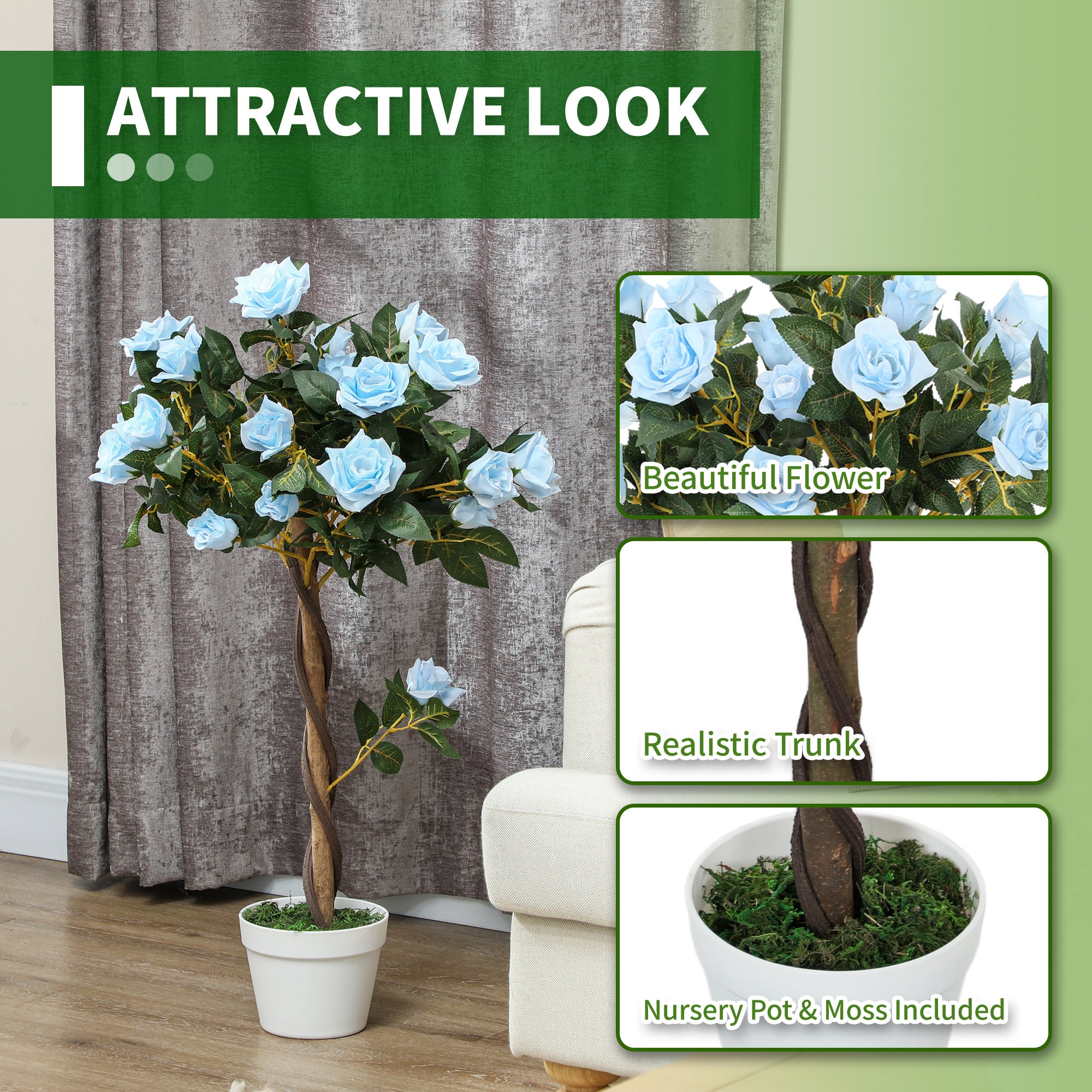 Set of 2 Artificial Plants White Rose Floral in Pot, Fake Plants for Home Indoor Outdoor Decor, 90cm, Light Blue