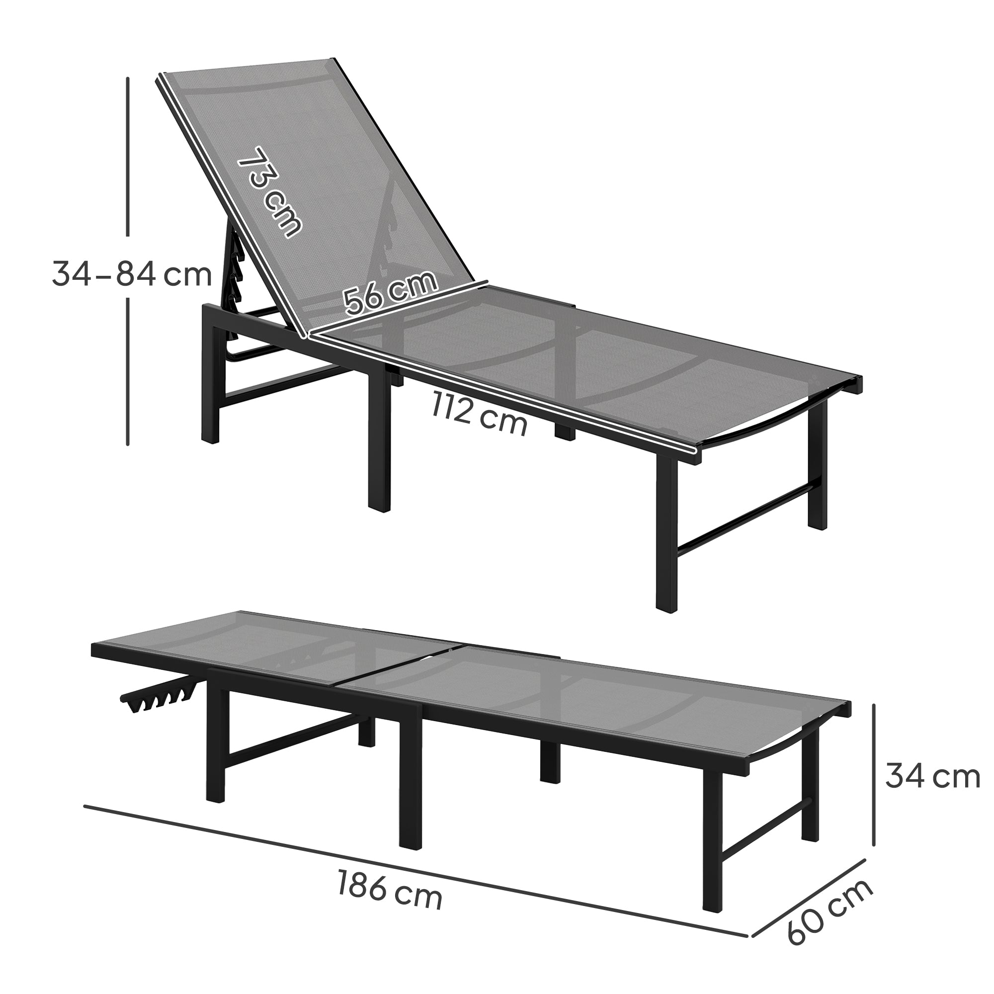 Set of Two Reclining Sun Loungers - Grey
