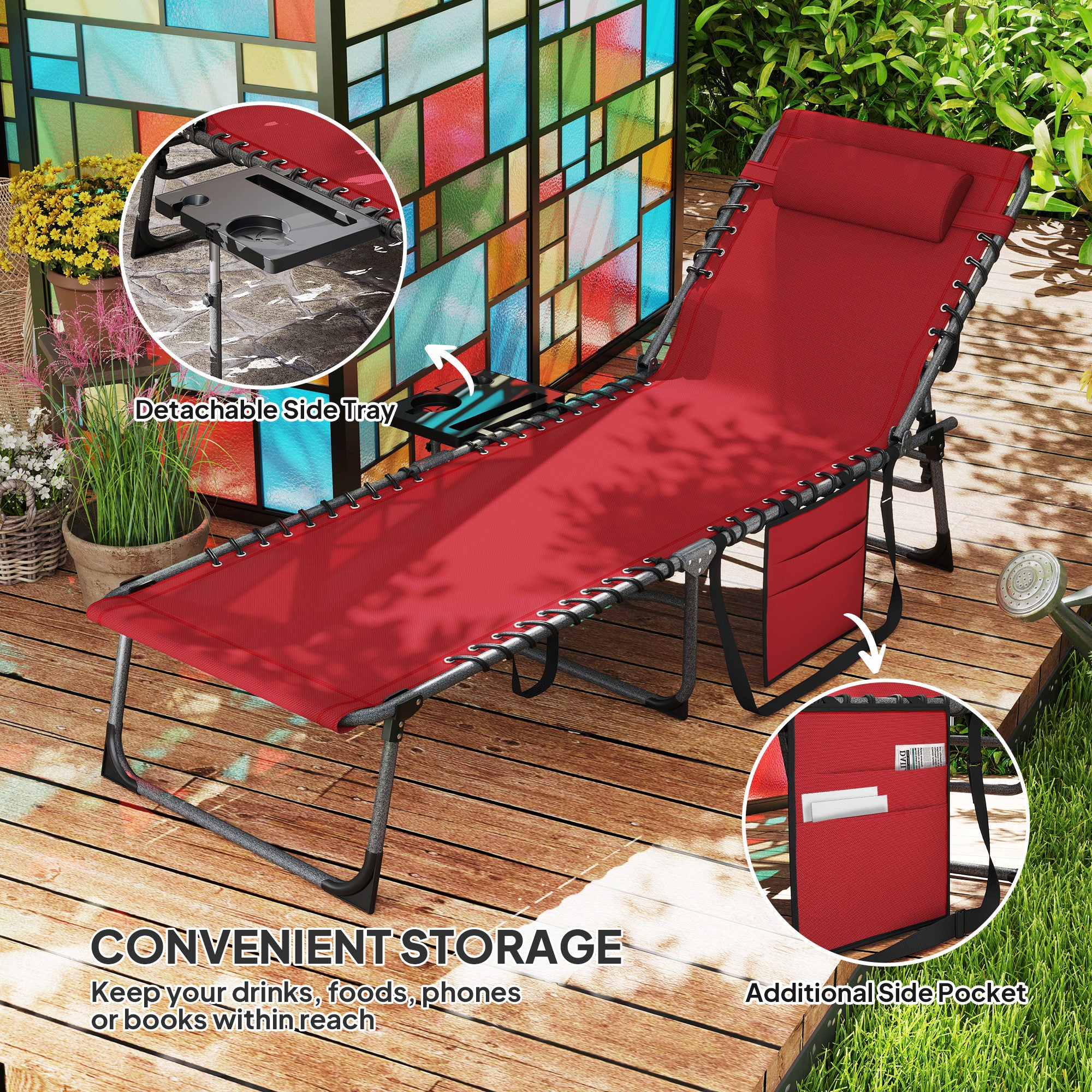 Five-Position Reclining Sun Lounger - Red