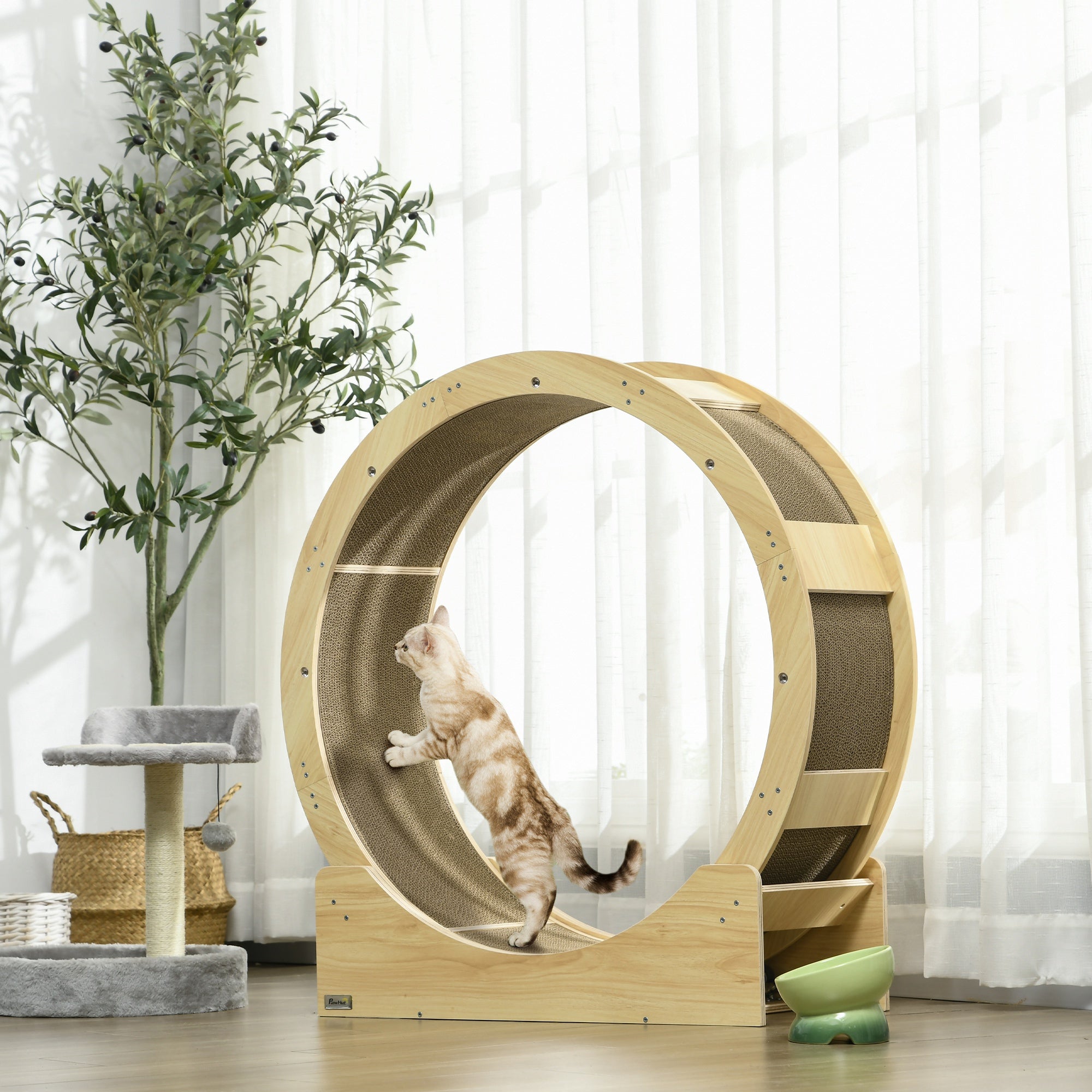 Cat Wheel with Brake, Scratching Pads - Oak Tone