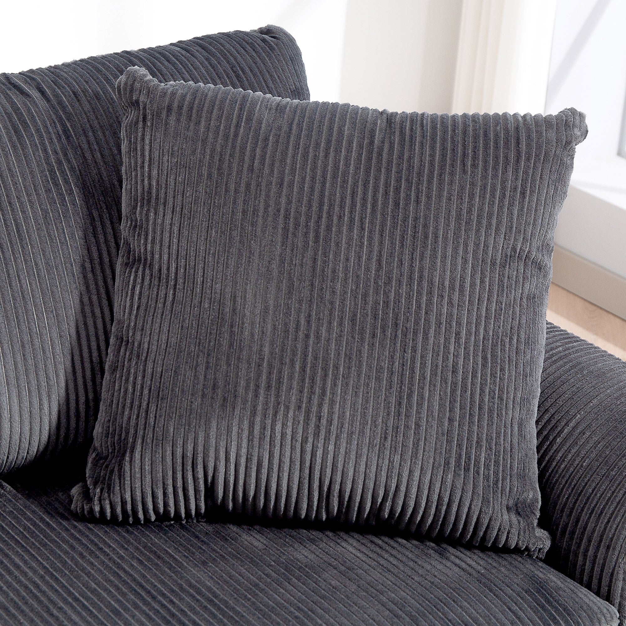Modern 3 Seater Sofa with Spring Cushion, 212 cm Fabric Jumbo Cord Sofa Couch with 2 Scatter Cushions, Upholstered Corduroy Settee for Living Room, Bedroom, Home Office, Grey