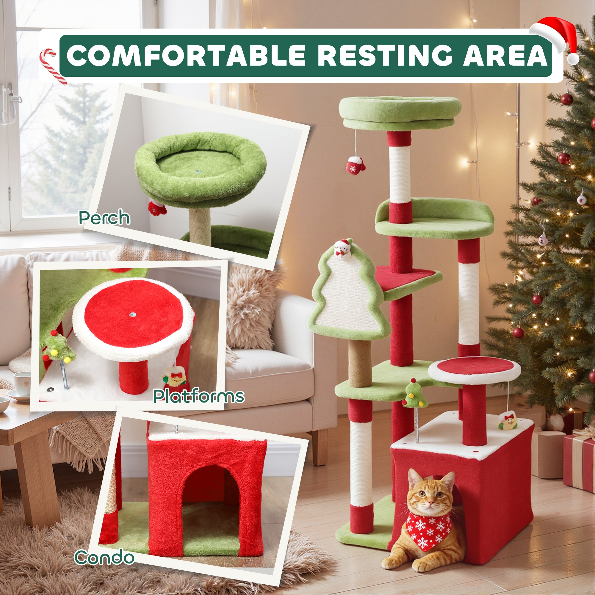 Cat Tree, 120cm Christmas Cat Tower with 3 Scratching Posts, Scratching Board, 2 Perches, Platforms, Toys, Green