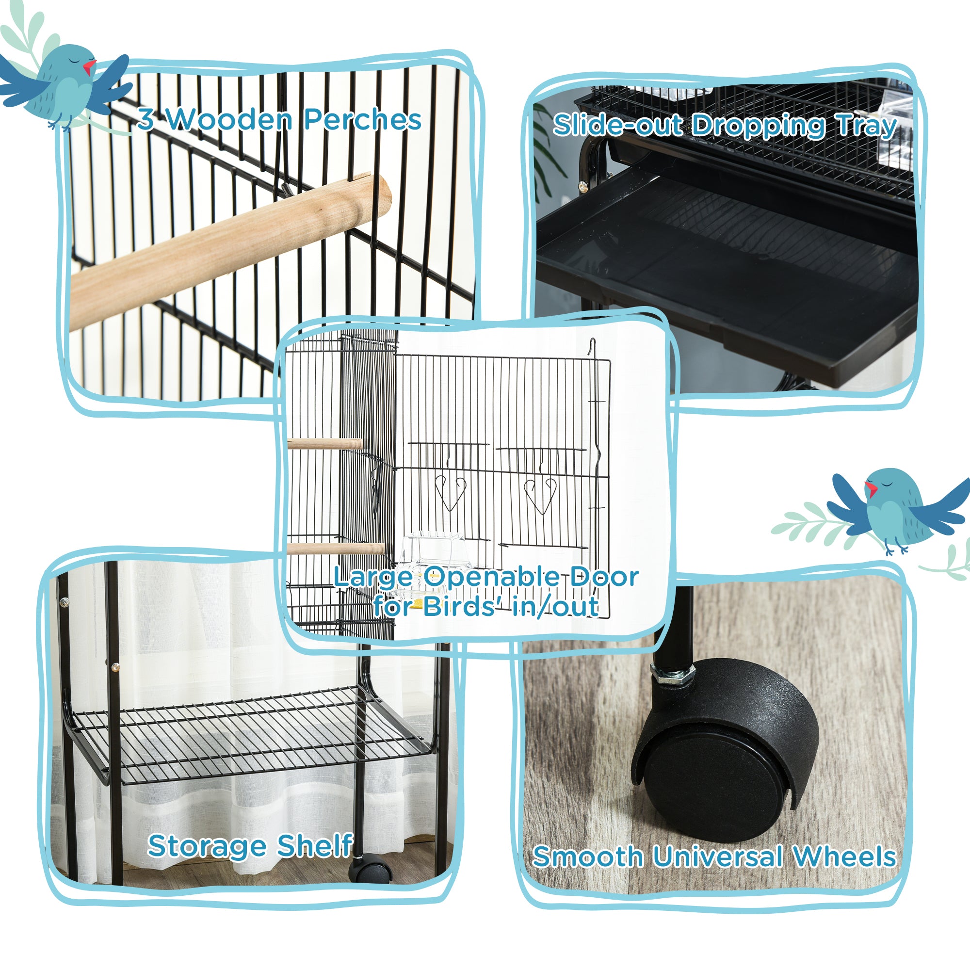 Budgie Finch Canary Parakeet Bird Cage with Stand, Wheels, Slide-Out Tray & Storage Shelf - Black