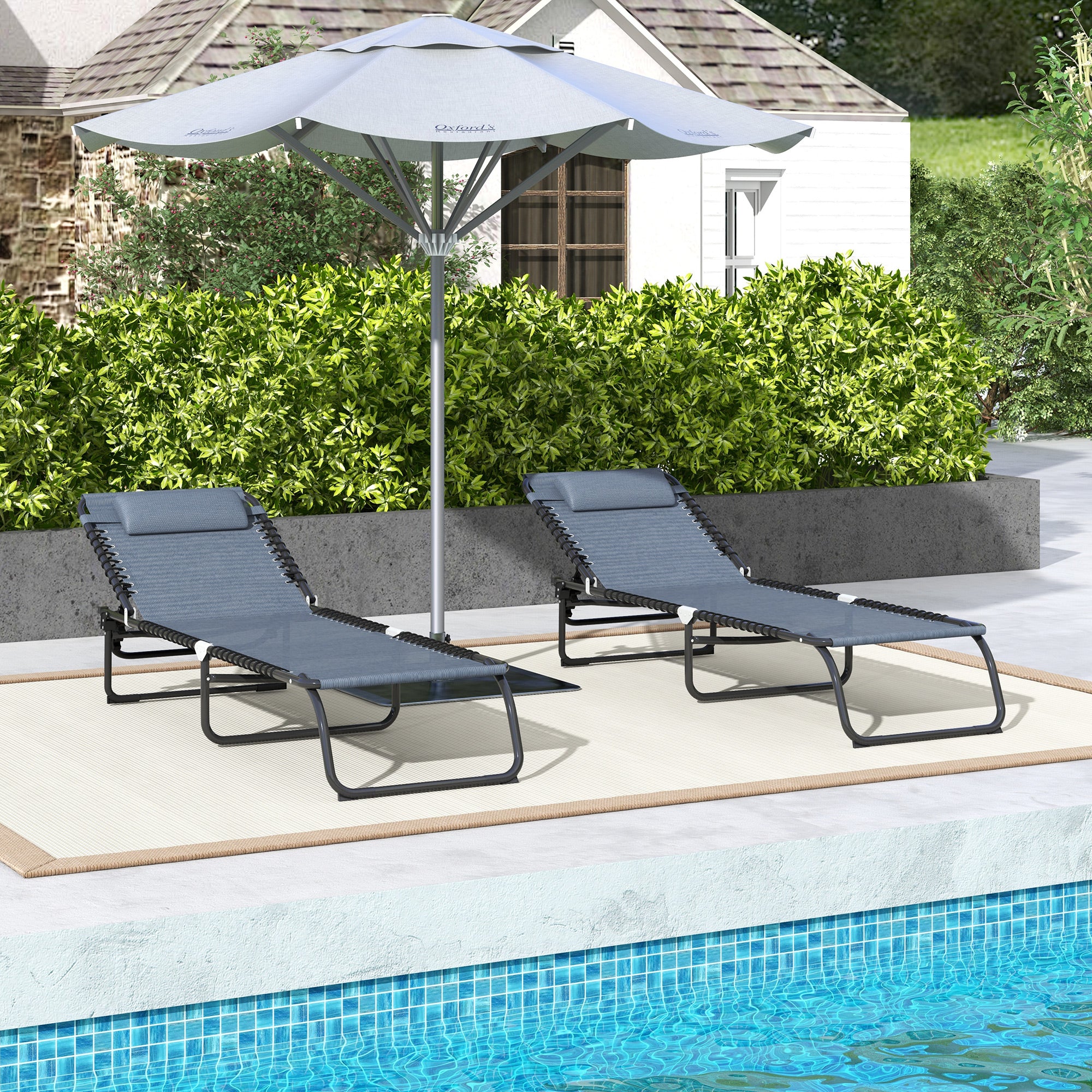 Set of Two Folding Sun Loungers, with Four-Position Backs - Grey