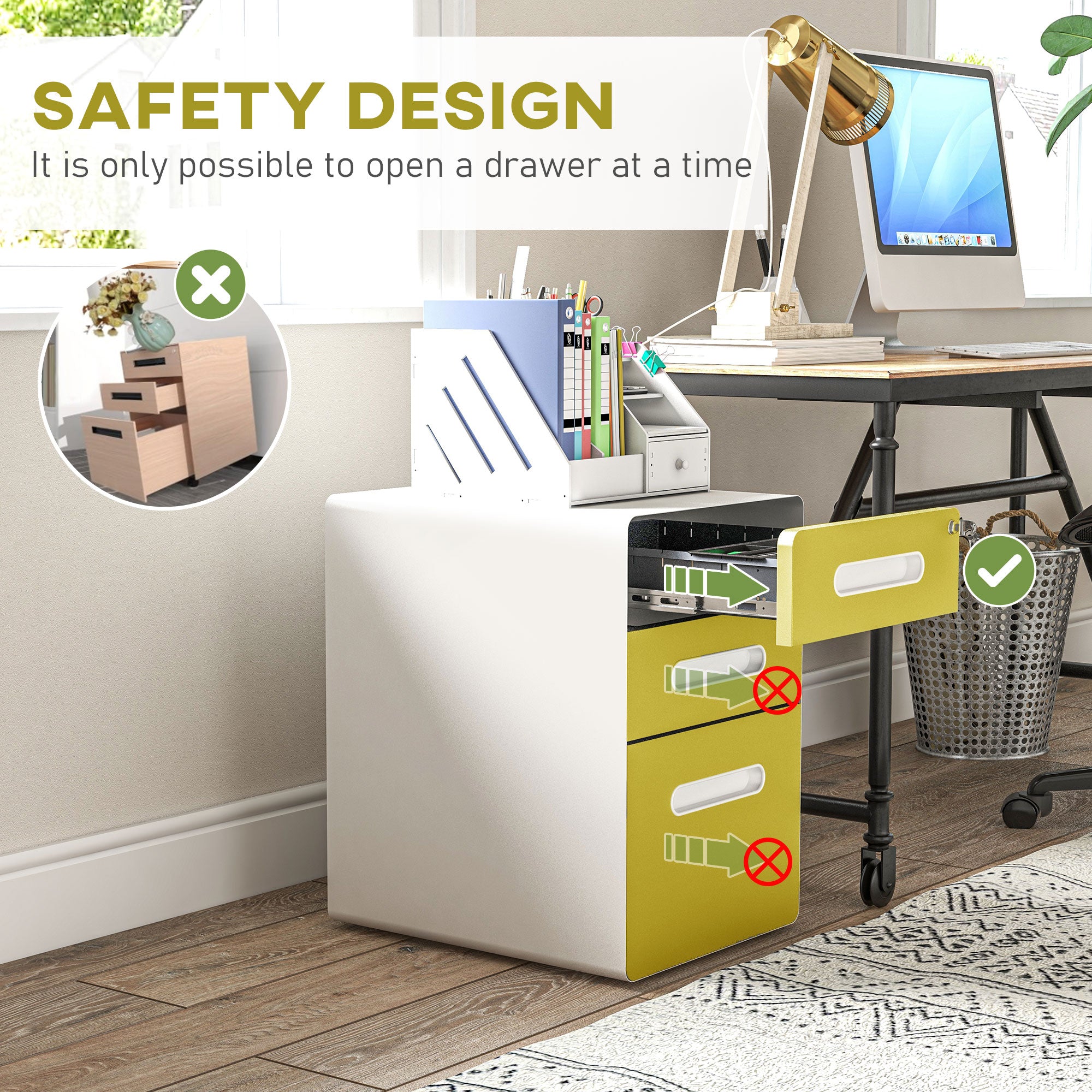 3 Drawer Filing Cabinet, Steel Lockable File Cabinet with Lock and Wheels, for A4, Letter, Legal Sized Files, Yellow