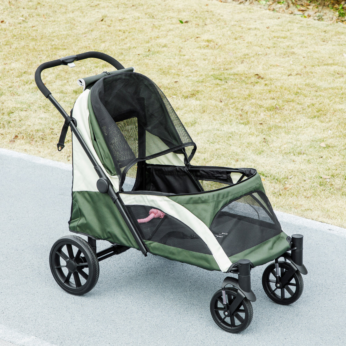 Easy Folding Large Dog Pet Stroller with Shock Absorb Frame, Safety Leashes & Brakes - Dark Green