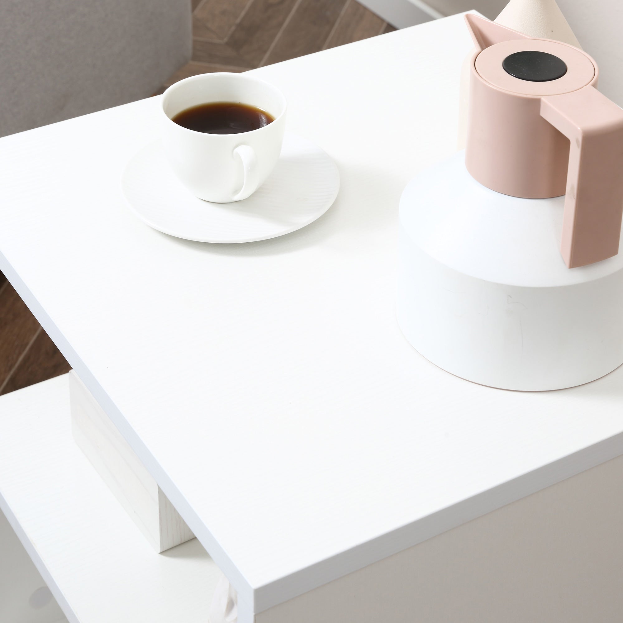 Wooden S Shape Cube Coffee Table 2 Tier Storage Shelves Organizer Office Bookcase Living Room End Desk Stand Display Set of 2 (White)