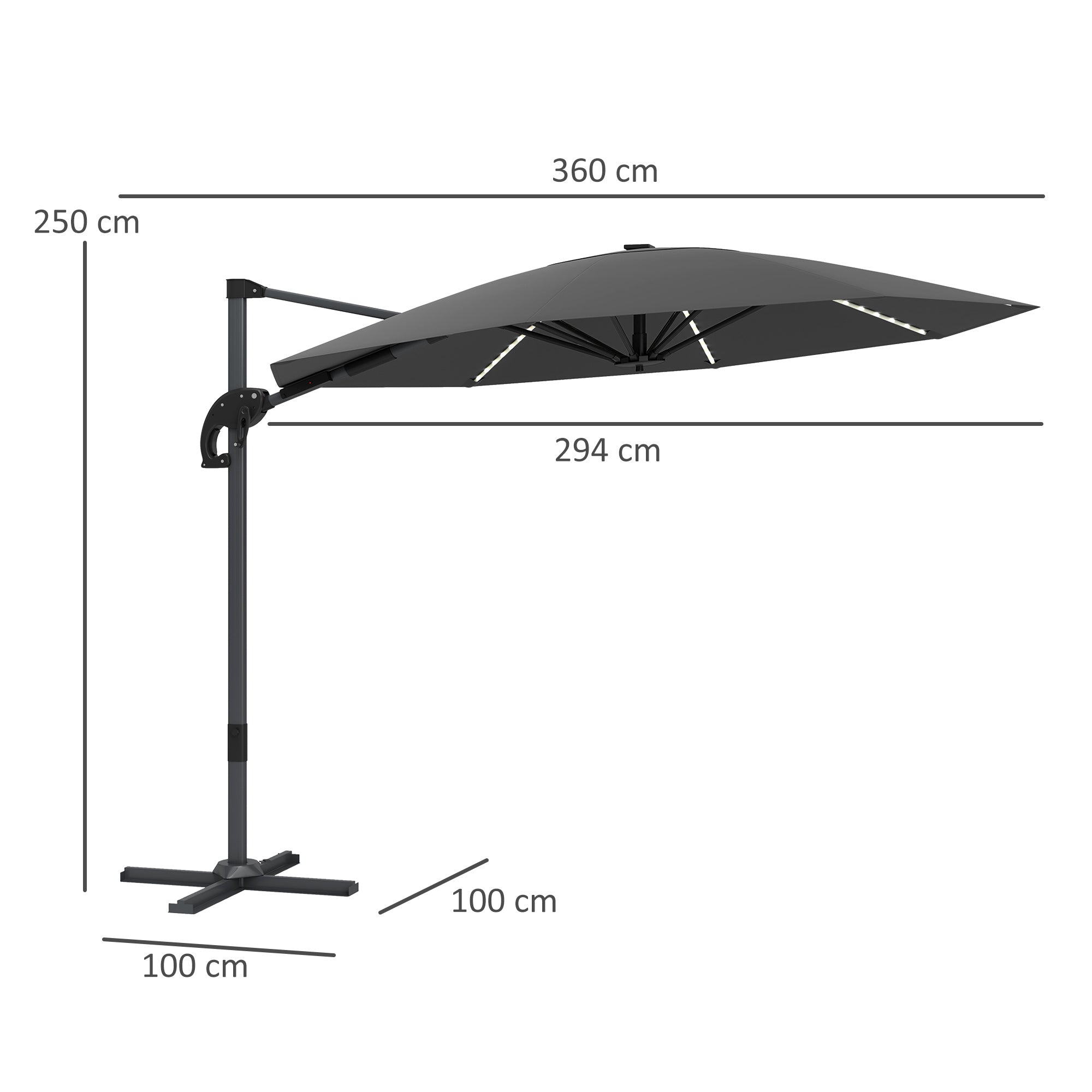 3 Metre Cantilever Garden Parasol with Solar Lights and Crank Handle - Dark Grey