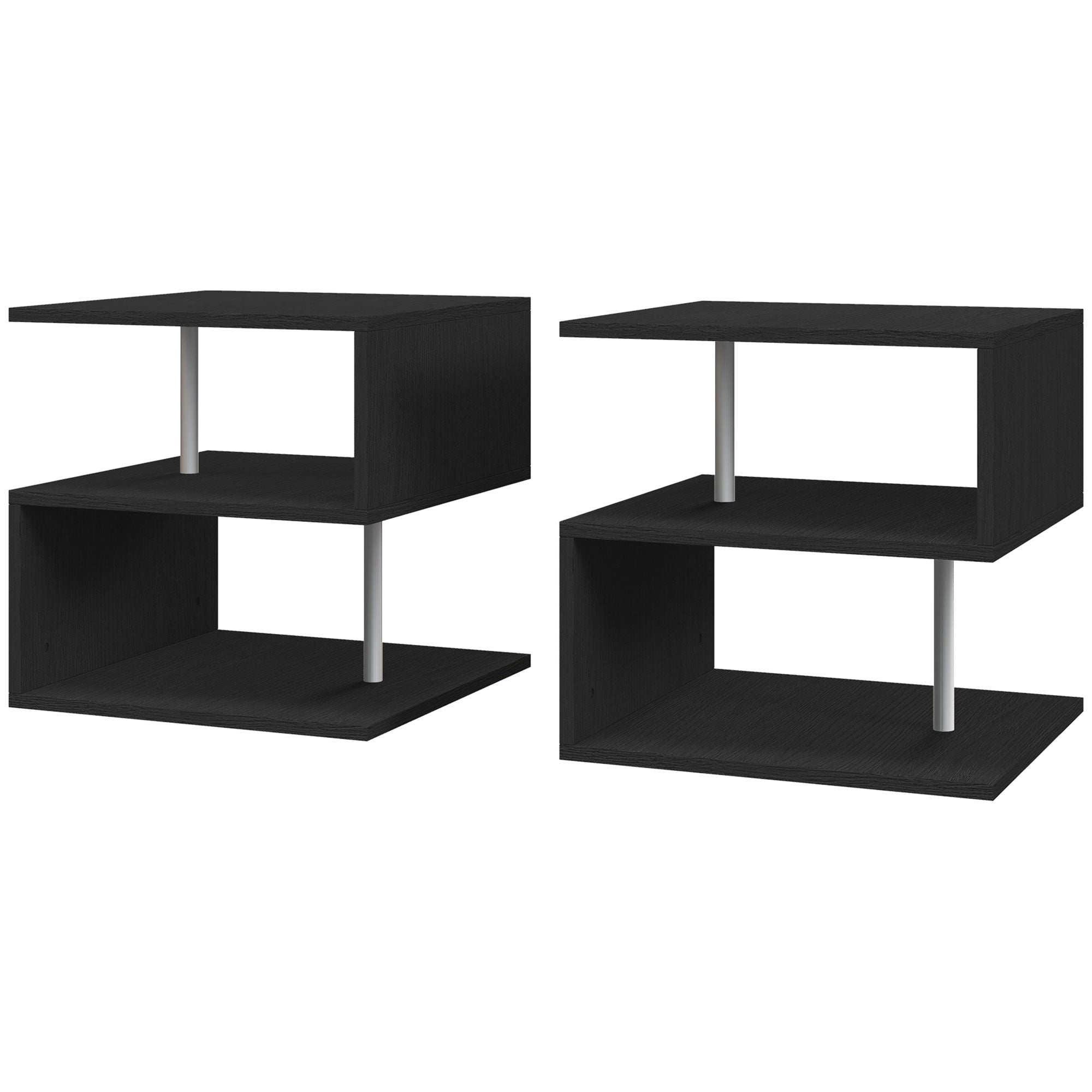 Wooden S Shape Cube Coffee Table 2 Tier Storage Shelves Organizer Office Bookcase Living Room End Desk Stand Display Set of 2 (Black)