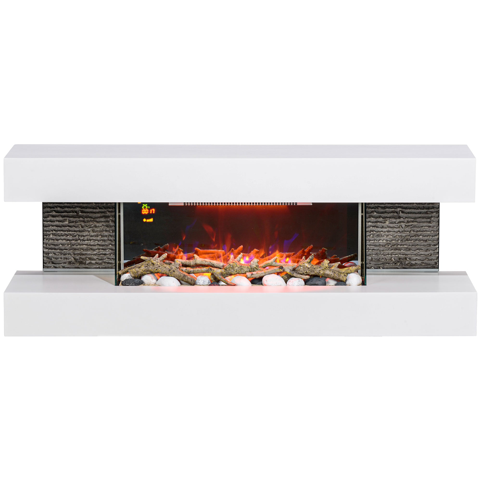 47inch / 120cm Electric Fireplace Wall Mounted, Freestanding, Glass Electric Fire Suite with Mantel, Adjustable LED Flame Effect, Log, Pebble, Remote Control, 2000W, White