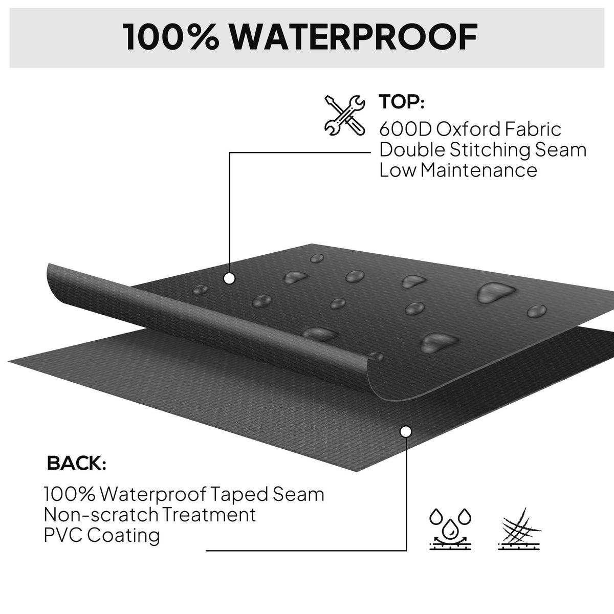 600D Oxford Waterproof Outdoor Sofa Set Cover with Pull Cords - Black