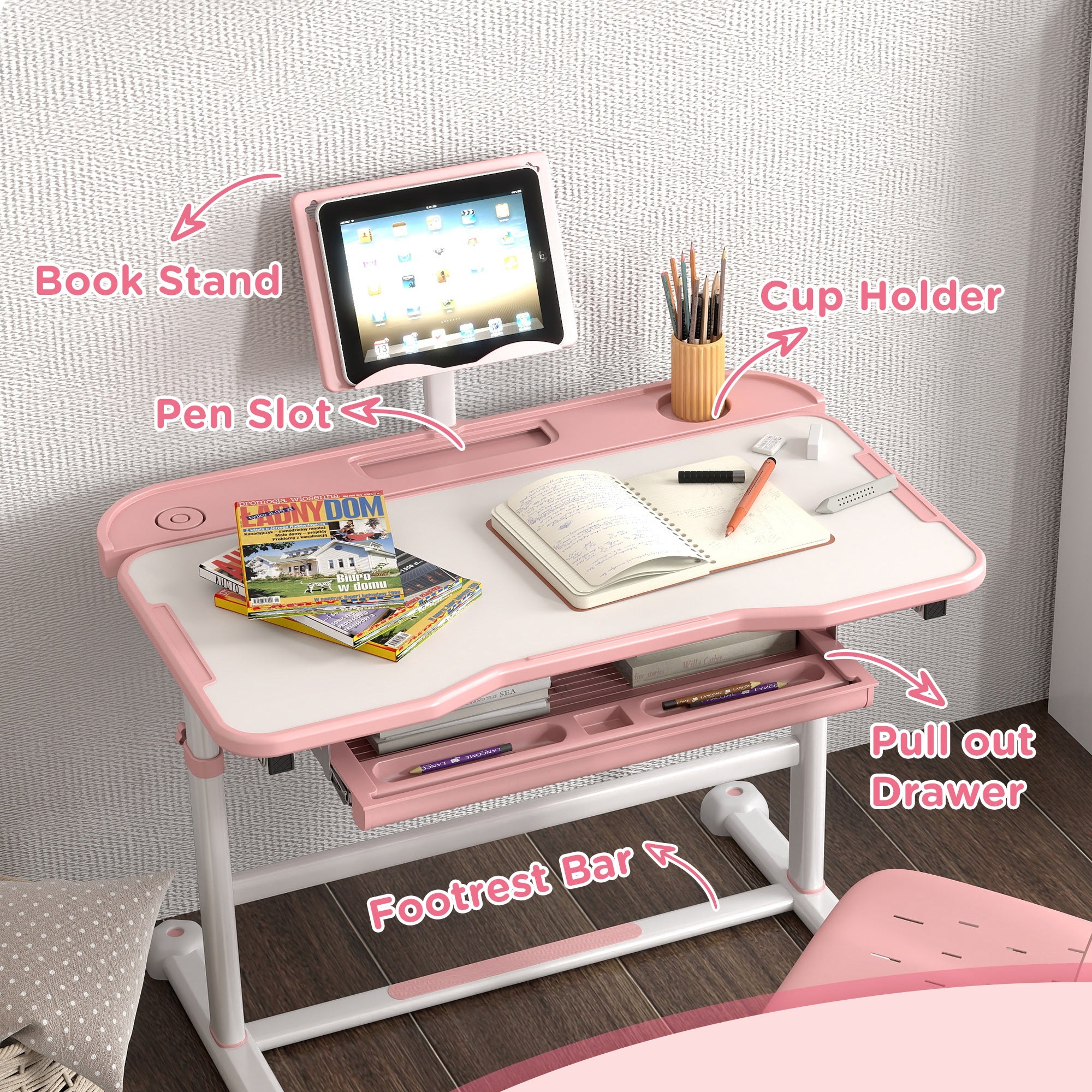 Height Adjustable Kids Desk and Chair Set, School Study Writing, Reading Table Chair Set w/ Tilted Desktop, Pink