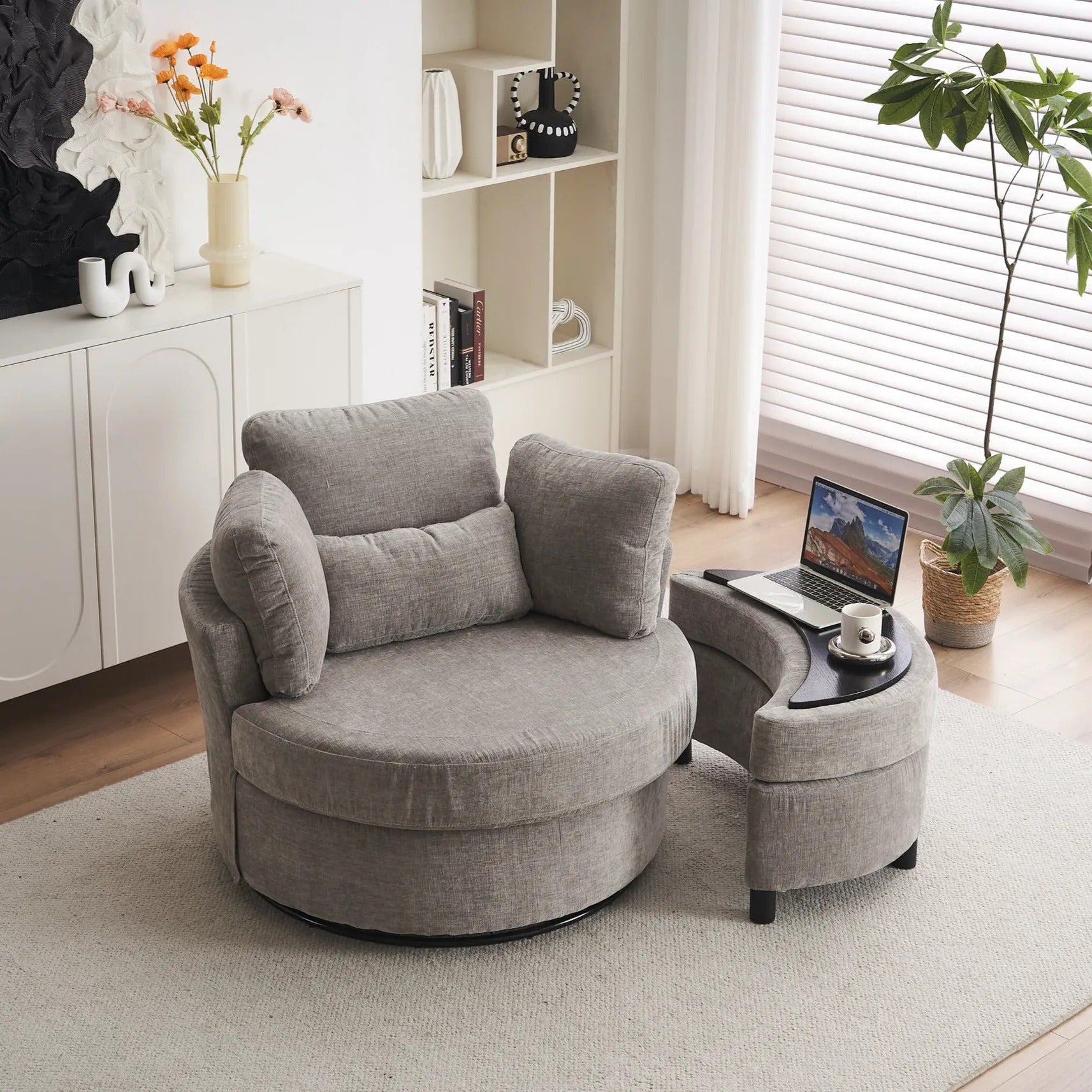 Chenille Swivel Armchair with 3 Back Cushions and Crescent Ottoman Stool, 360° Swivel Recliner Sofa, 107L x 105W x 82H cm, Grey