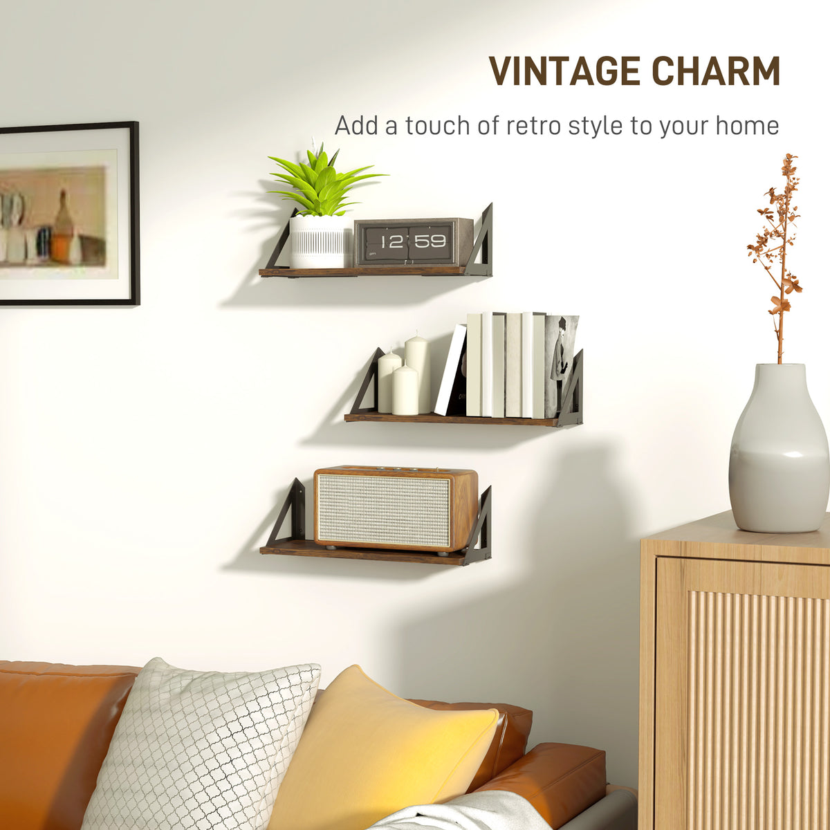 Set of 3 Vintage Wall Mounted Floating Shelves for Living Room, Entryway, Bedroom - Rustic Brown