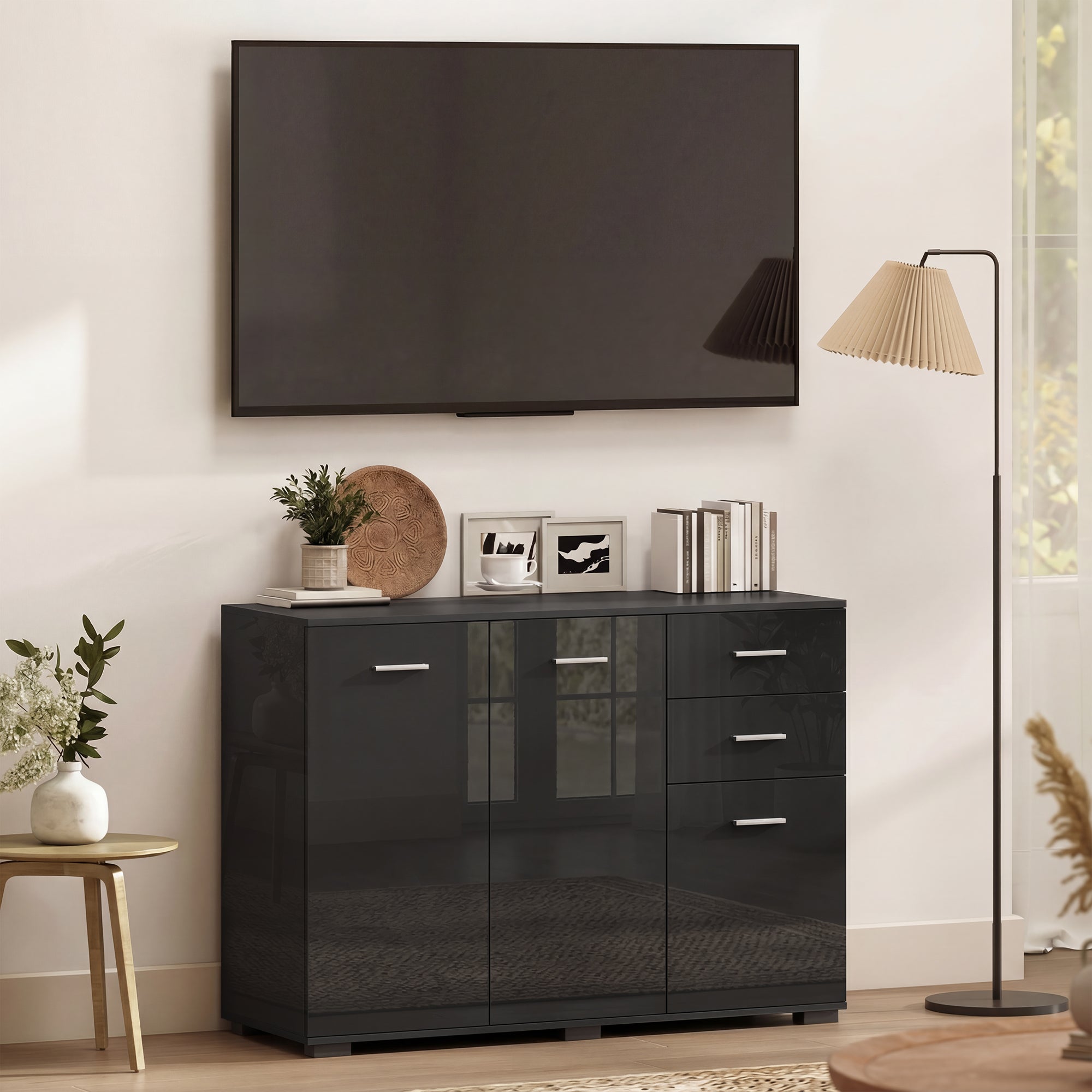 Sideboard, Modern Storage Cabinet with 2 Drawers, 3 Doors and Adjustable Shelves, High Gloss Black