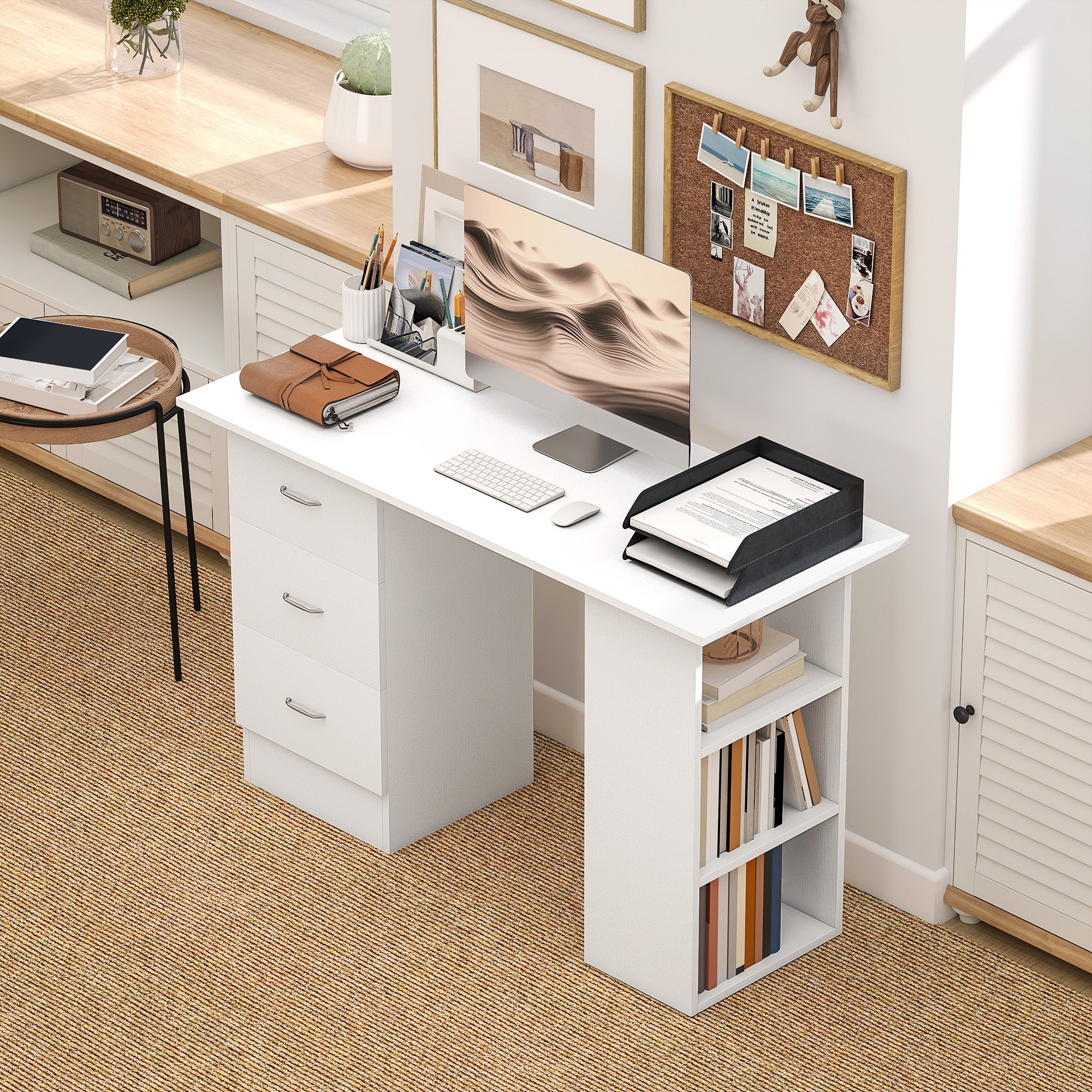 Computer Desk, Home Office Desk, Writing Table, PC Workstation with 3 Storage Shelves and 3 Drawers for Working, Study, 120 x 49 x 72 cm, White