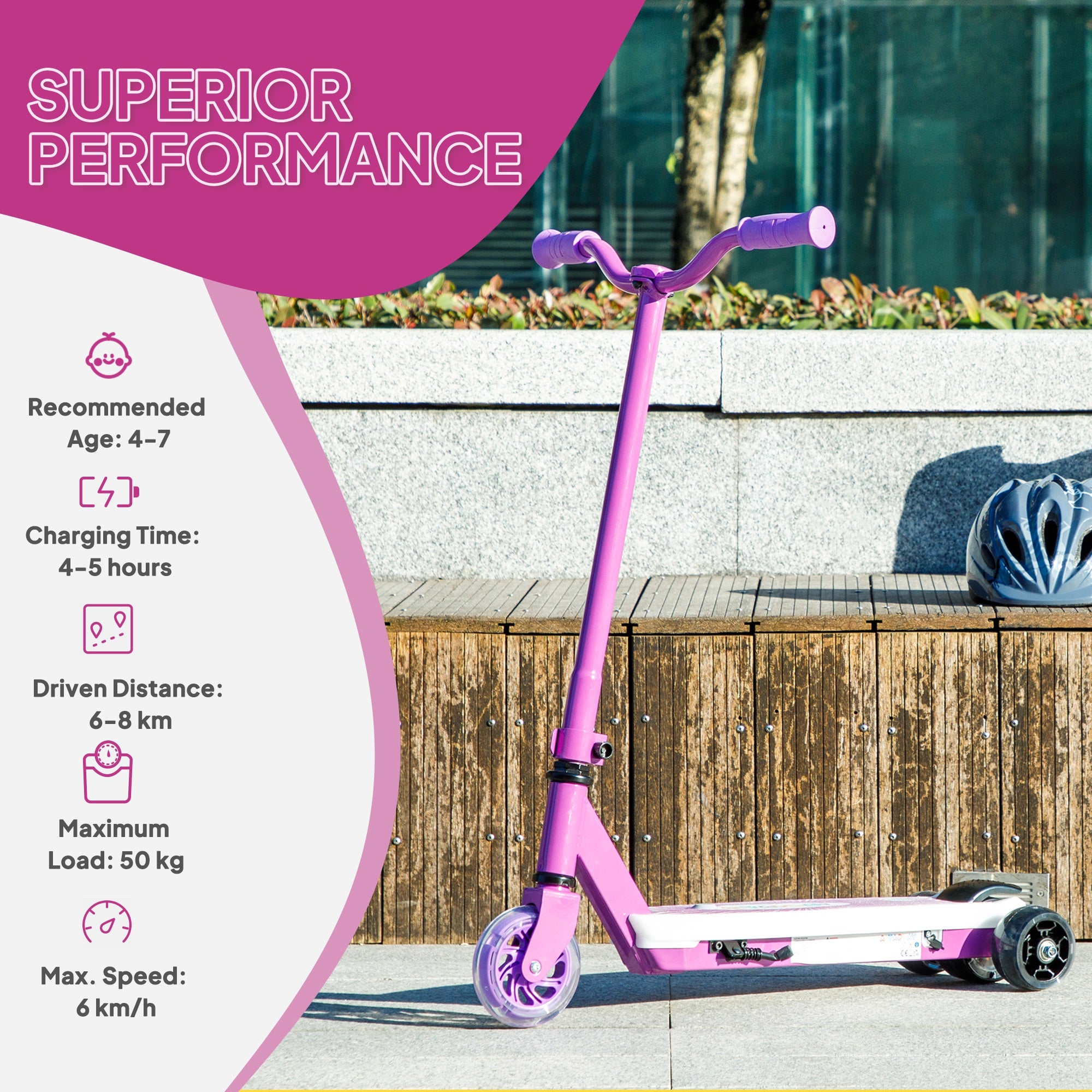 Kids Electric Scooter with Auxiliary Wheels, LED Light & Brake, 6-8 KM Range for Ages 4-7 - Purple