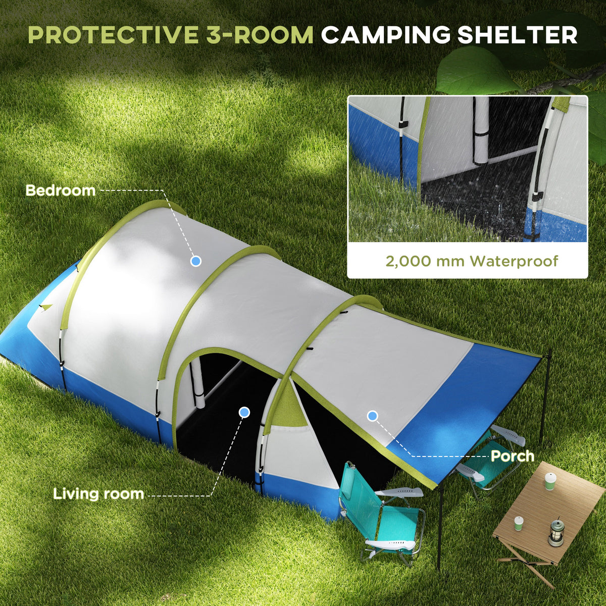 Two-Room Family Camping Tent with Porch - Green