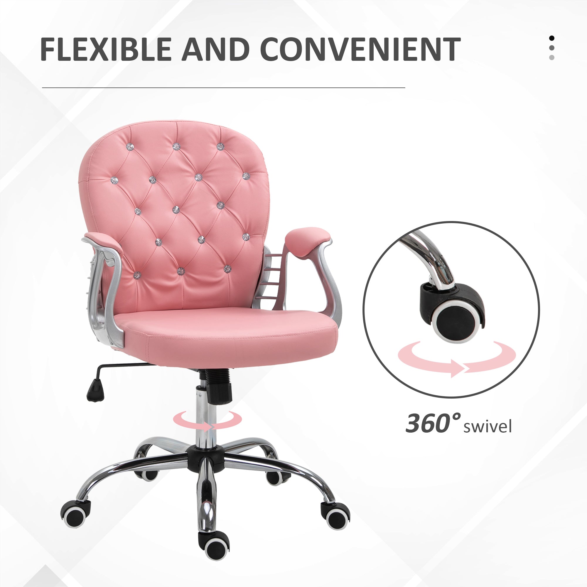 Office Chair Ergonomic 360° Swivel PU Diamante Padded Base 5 Castor Wheels for Home Work Pink