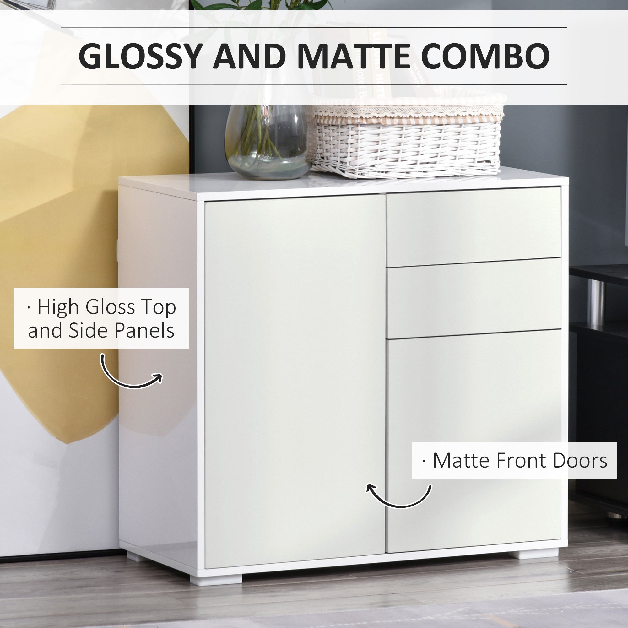 High Gloss Frame Sideboard, Side Cabinet, Push-Open Design with 2 Drawer for Living Room, Bedroom, White