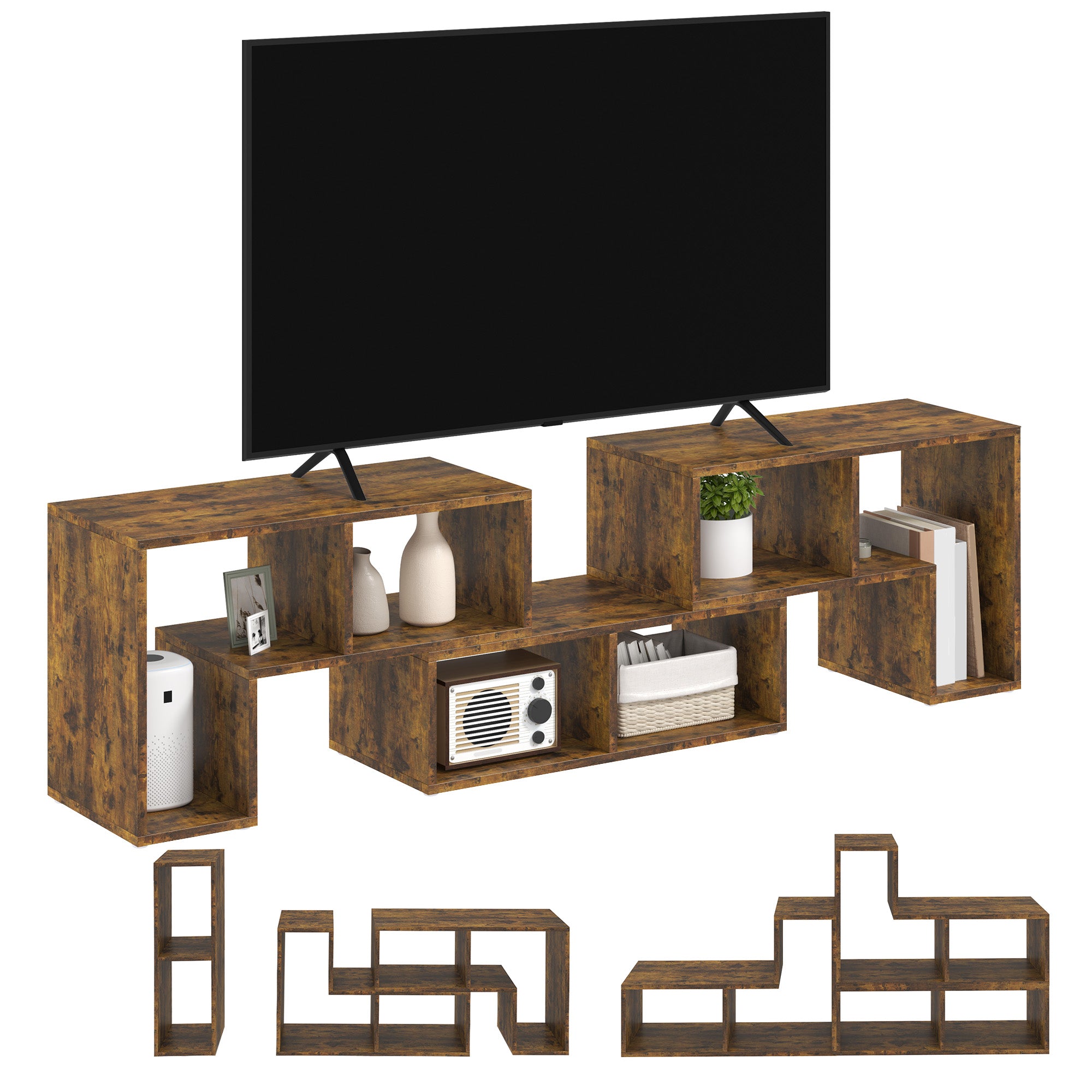 Extendable TV Stand for TVs up to 75 Inches with Storage Shelves, Modular Entertainment Unit - Rustic Brown