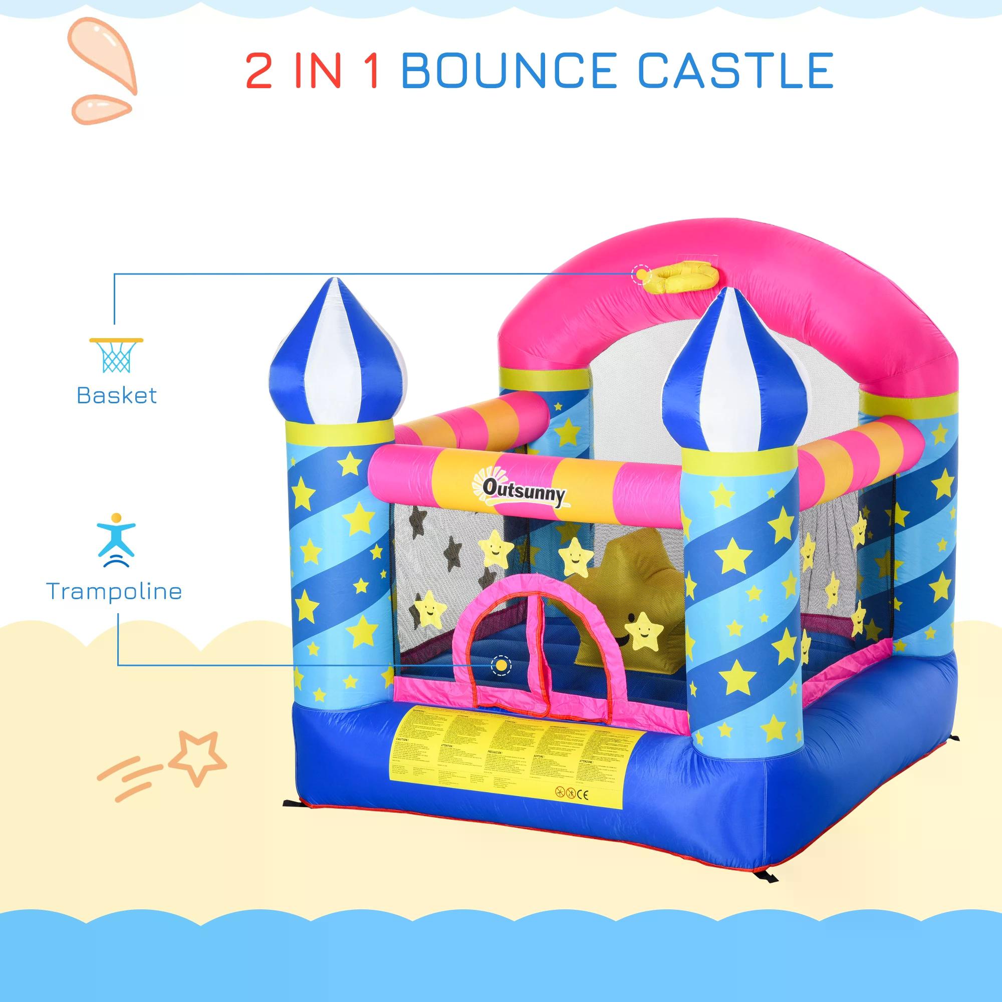 Kids Bouncy Castle, Inflatable Trampoline with Blower for Age 3-8 Castle Stars Design 1.95 x 1.95 x 2.15m